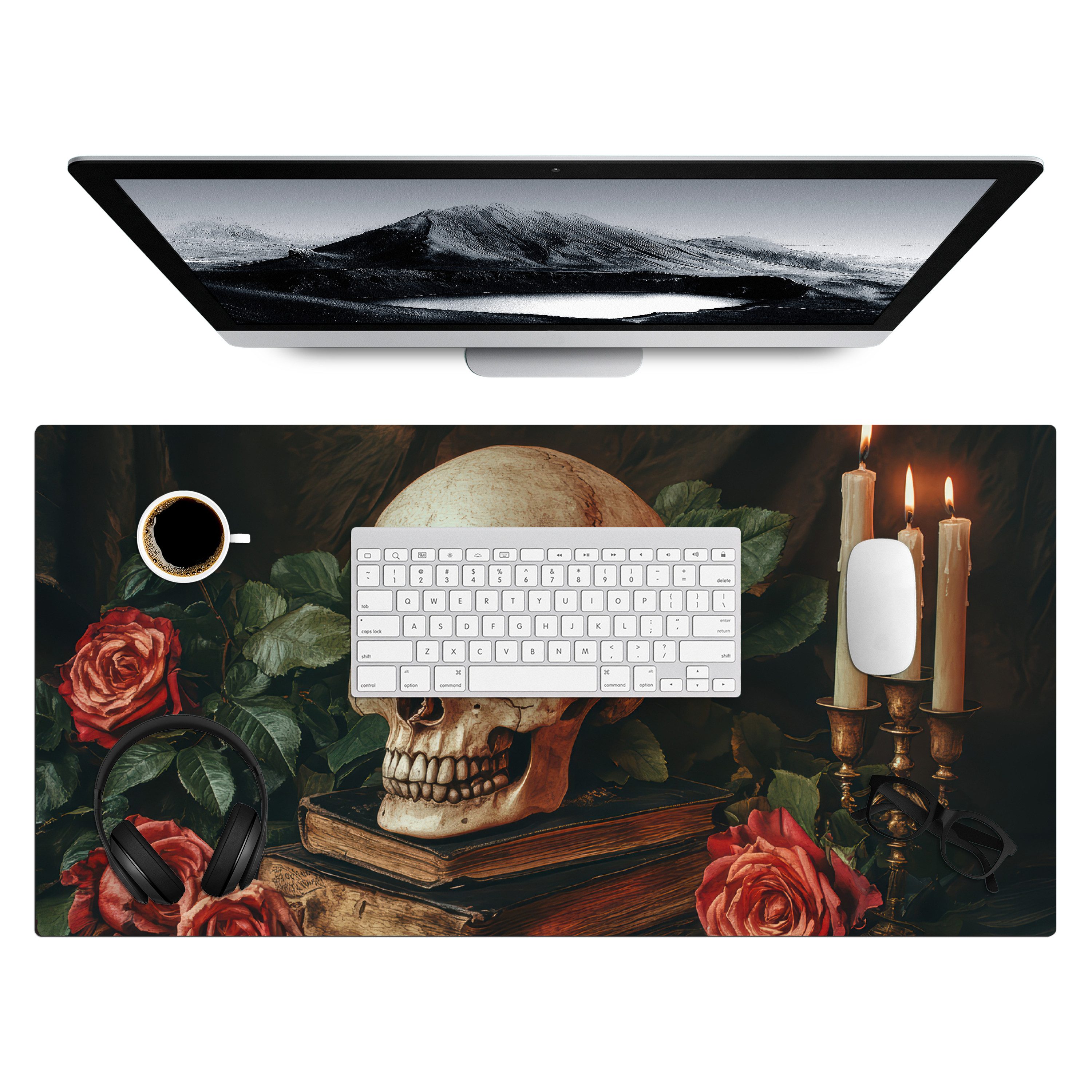 MuchoWow Gaming Mauspad Skelett - Kerzen - Rosen - Schädel - Bücher - Kerzenständer (1-St), Gaming Mauspad XXL, Schreibtischunterlage, Desk Mat Groß, 80x40 cm