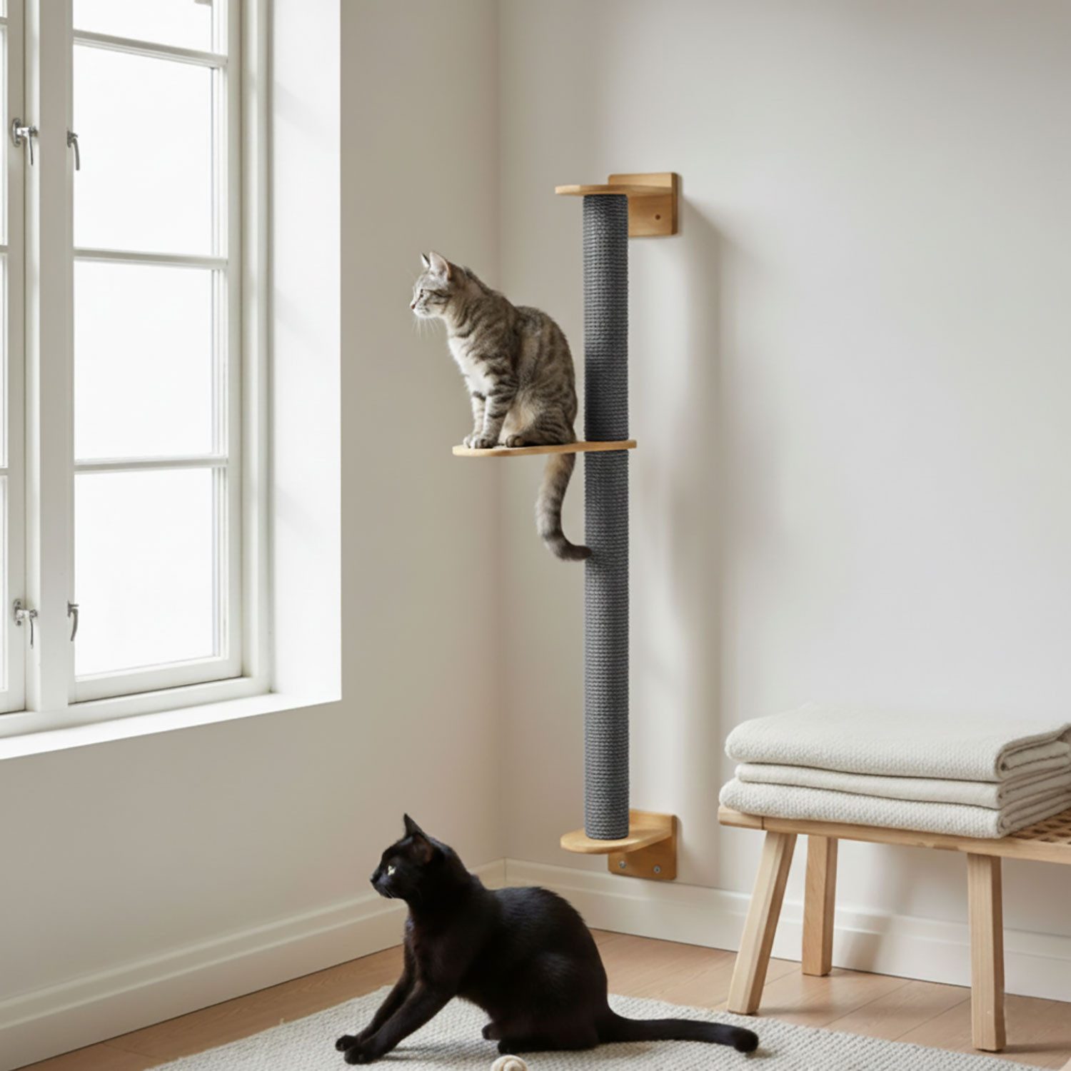 eyepower Kratzbaum zur Wandmontage - 102 cm Wandkratzbaum für Katzen mit 1 Bambus Plateau, Sisalstamm Wand - Katzenkratzbaum platzsparend - Kletterwand Katze