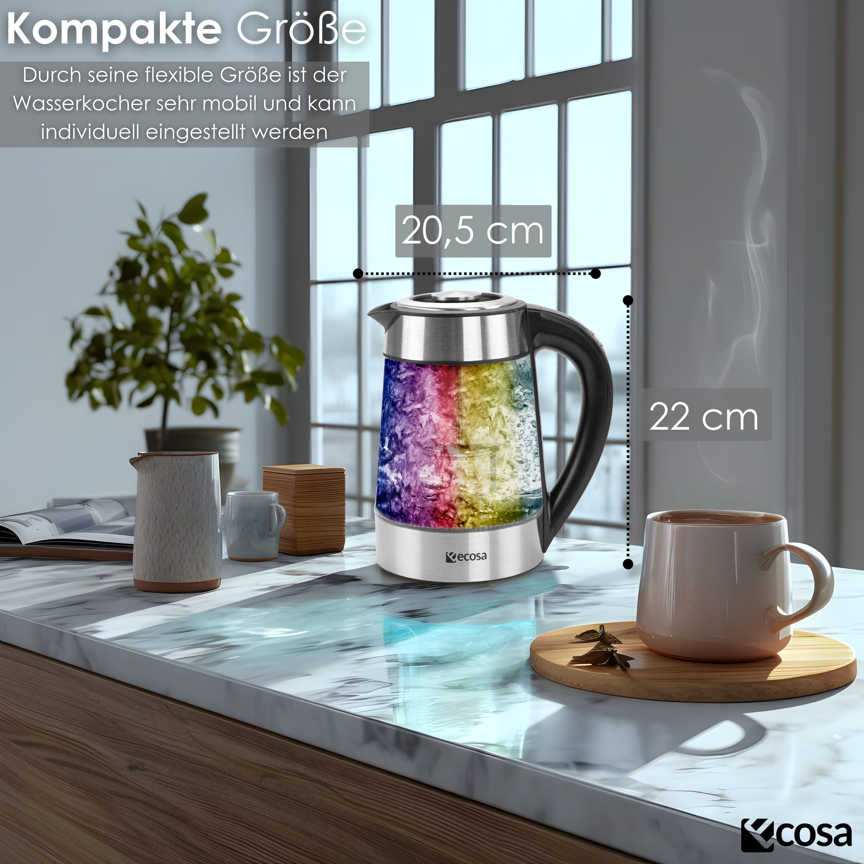 ecosa Wasserkocher EO-650, 1.7 l, 2200 W, Temperatureinstellung,LED-Beleuchtung,Edelstahl,BPA-frei,Farbwechsel