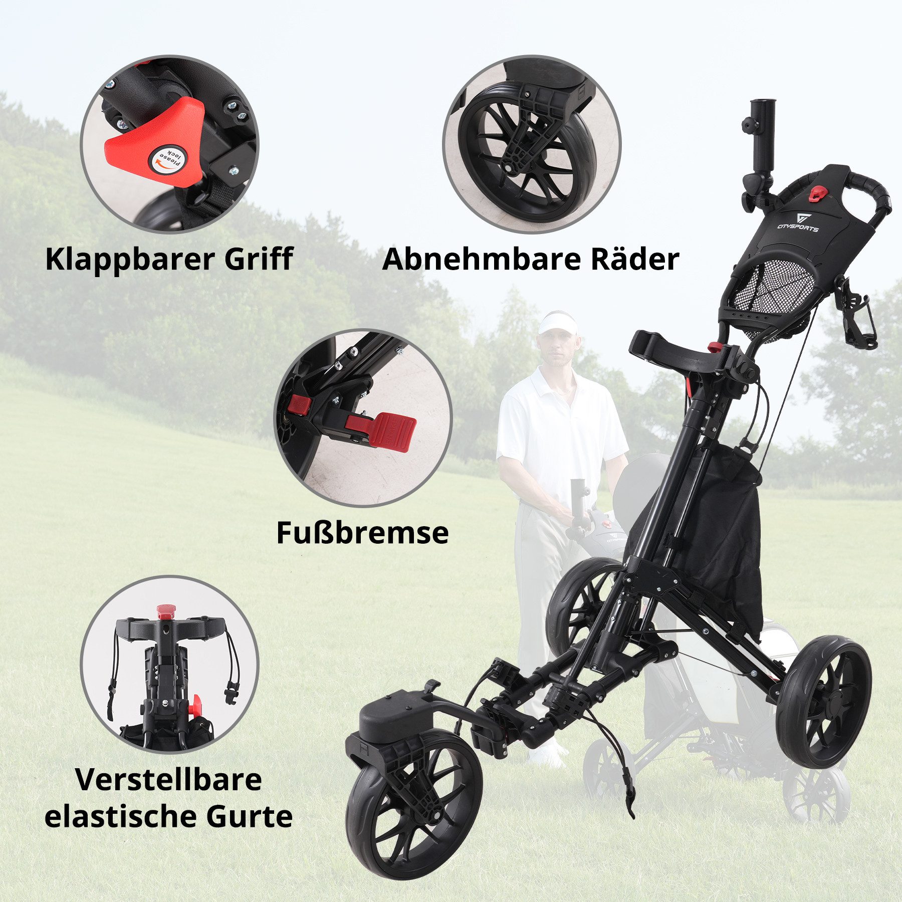 CITYSPORTS Golftrolley 3/4 Rad Golftrolley, Golfwagen klappbar, Golfcaddy mit Schirmhalter, Golfcaddy Golf Push Cart aus Aluminum, Erhältlich in Schwarz/Grün/Rot