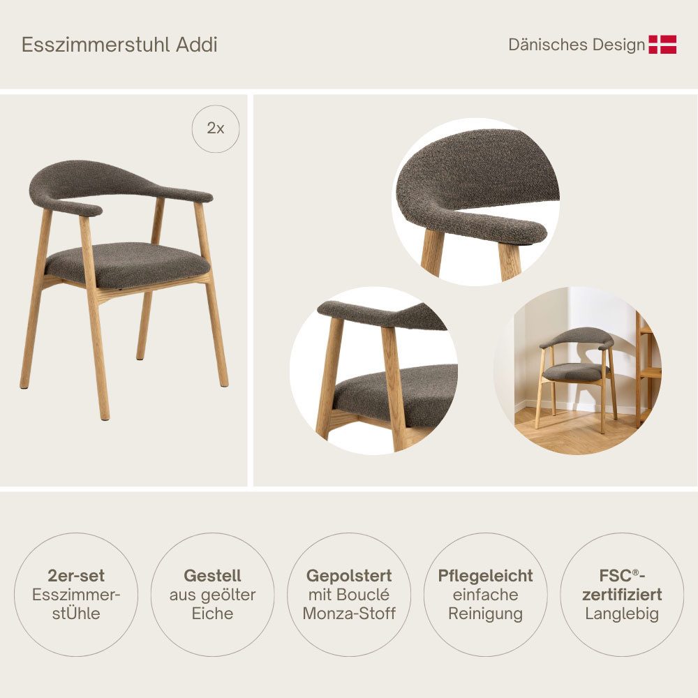 ACTONA GROUP Esszimmerstuhl Addi, Stuhl, 2er-Set, gepolstert, Moderner Stil, Gestell aus Eiche, Mit Armlehnen, geölte Oberfläche, einfache Selbstmontage, Monza-Stoff