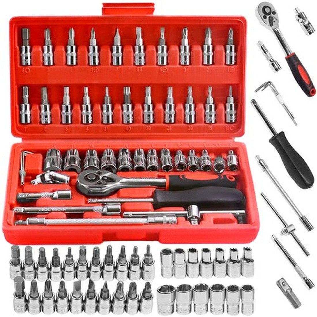 BIGSTREN Werkzeugset Steckschlüssel Werkzeugkoffer, (Spar-Set, 46-tlg., für Handwerksarbeiten), Ideal für Werkstatt, Heimwerker und Kfz-Arbeiten