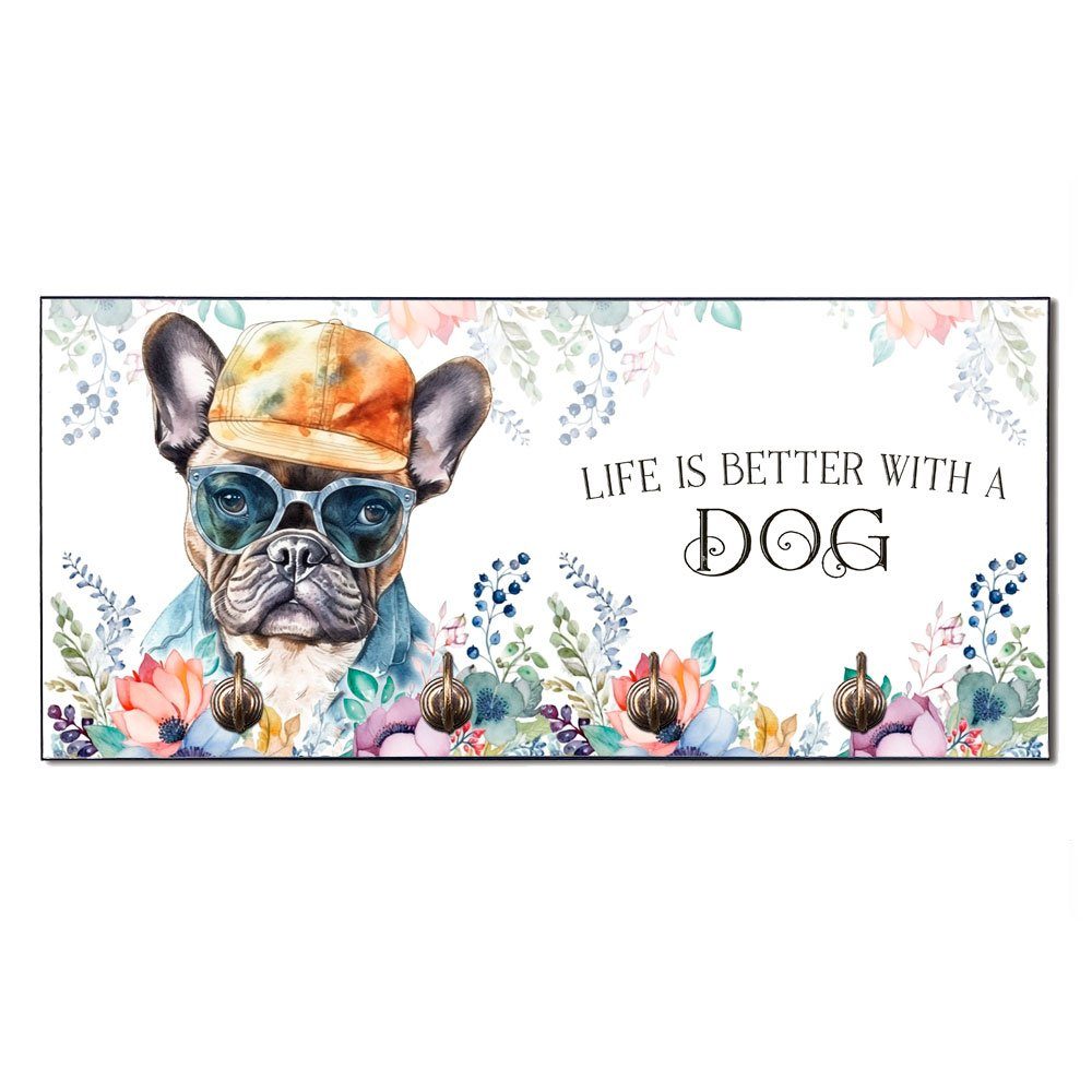 Cadouri Wandgarderobe FRANZÖSISCHE BULLDOGGE Hundegarderobe - Wandboard für Hundezubehör (Garderobe mit 4 Haken), MDF, mit abgeschrägten Ecken, handgefertigt, für Hundebesitzer | Garderobenpaneele