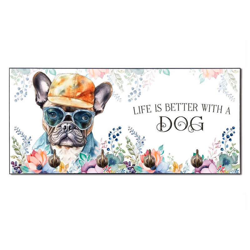 Cadouri Wandgarderobe FRANZÖSISCHE BULLDOGGE Design-Hundegarderobe für Hundezubehör (Garderobe mit 4 Haken), MDF, mit abgeschrägten Ecken, handgefertigt, für Hundebesitzer