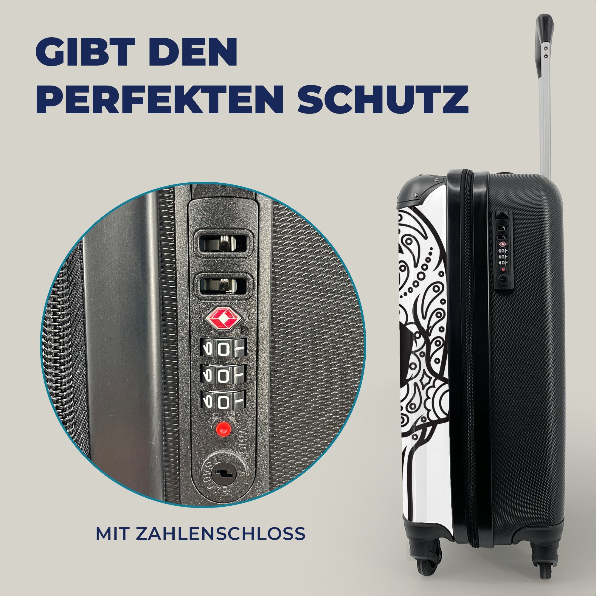 MuchoWow Handgepäckkoffer Eine schwarz-weiße Illustration eines Dias De Los Muertos-Schädels, 4 Rollen, Reisetasche mit rollen, Handgepäck für Ferien, Trolley, Reisekoffer