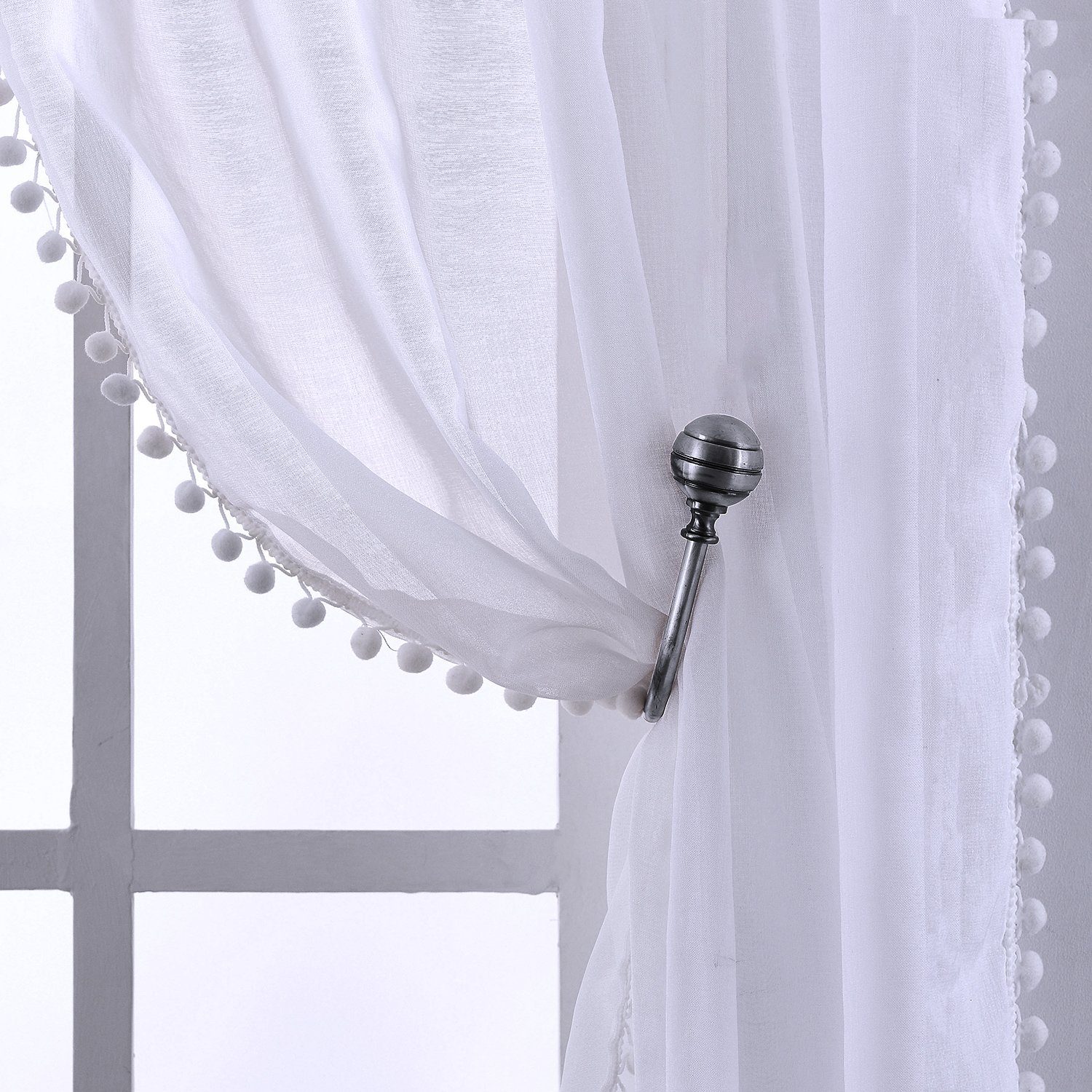 aus Weiß Transparent Gardine für HOMEIDEAS, (2 Gardine Pompons F10WH00878, mit St), Schlafzimmer Fensterschal Voile Vorhänge