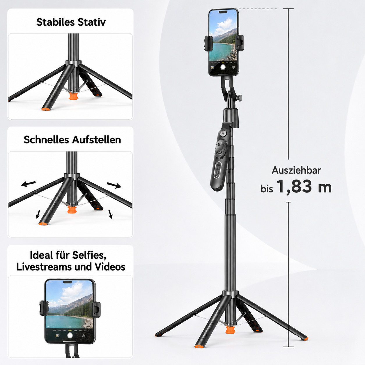 ibettertec Selfie-Stick 360° Gesichtsverfolgung Bluetooth-Fernbedienung 183 cm Teleskopstativ, integrierter Nachführfunktion Vlog/Live-Stream/Videoaufzeichnung