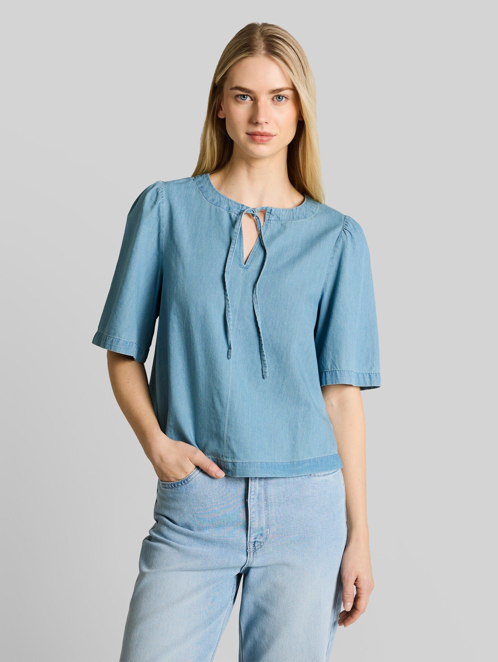 TOM TAILOR Denim Kurzarmbluse Blusen & Shirts Jeansbluse mit Schleifen-Detail