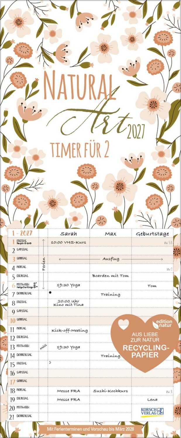 Korsch Verlag Familienkalender Natural Art Timer für 2 Recyclingpapier 2027