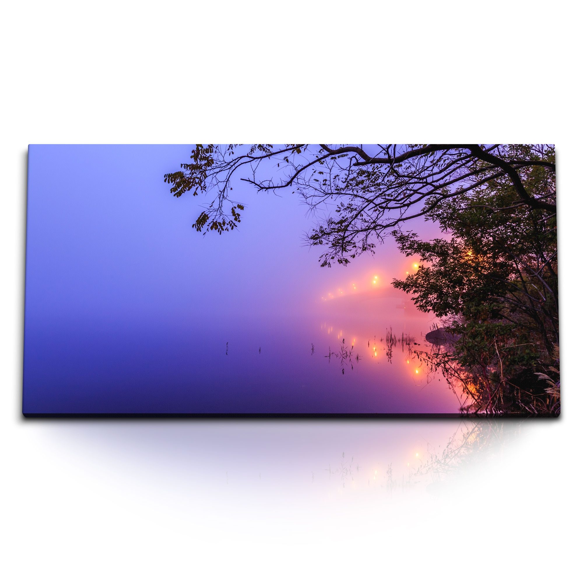 Leinwandbild Kunstdruck Bilder 120x60cm See Ufer Nacht Brücke Laternen Baumkrone