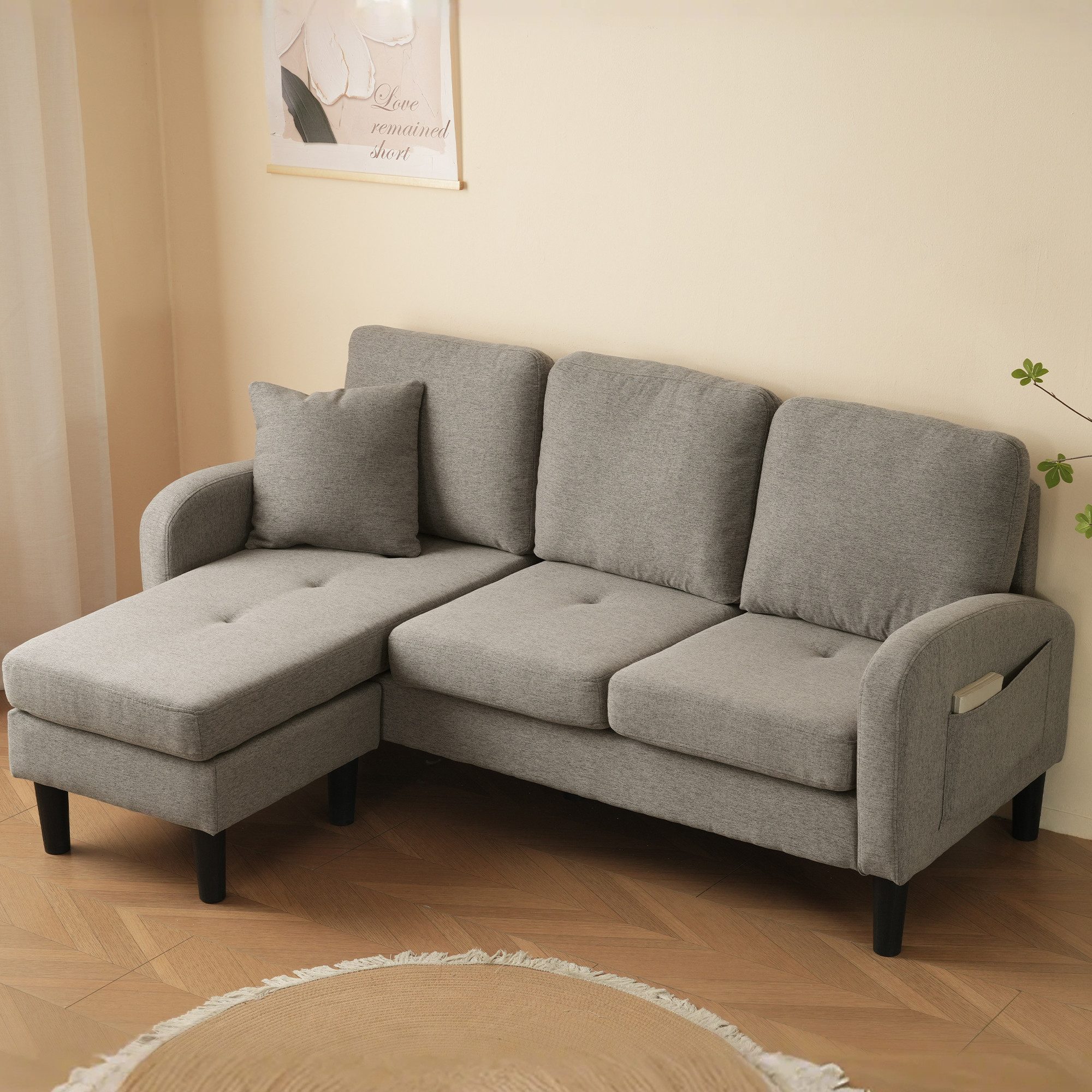 BlingBin Ecksofa L-förmiges Sofa 3-Sitzer mit Chaiselongue, Flexibel kombinierbares Sofa aus atmungsaktivem Baumwoll-Leinen 1 Teile, robustem Gestell und komfortabler Polsterung für Wohnungen und Büros