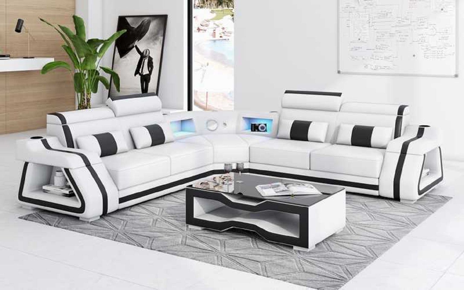 JVmoebel Ecksofa Modern Ecksofa L Form Sofa Couch LED Luxus Design, 3 Teile, Made in Europe Weiß