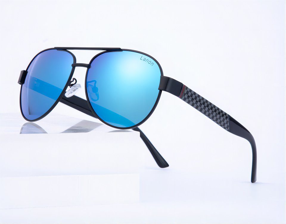 Lamon Sonnenbrille Herren Aluminium Magnesium Polarisiert Sonnenbrille Sportarten UV400 schwarzer Rahmen, blaue Linse