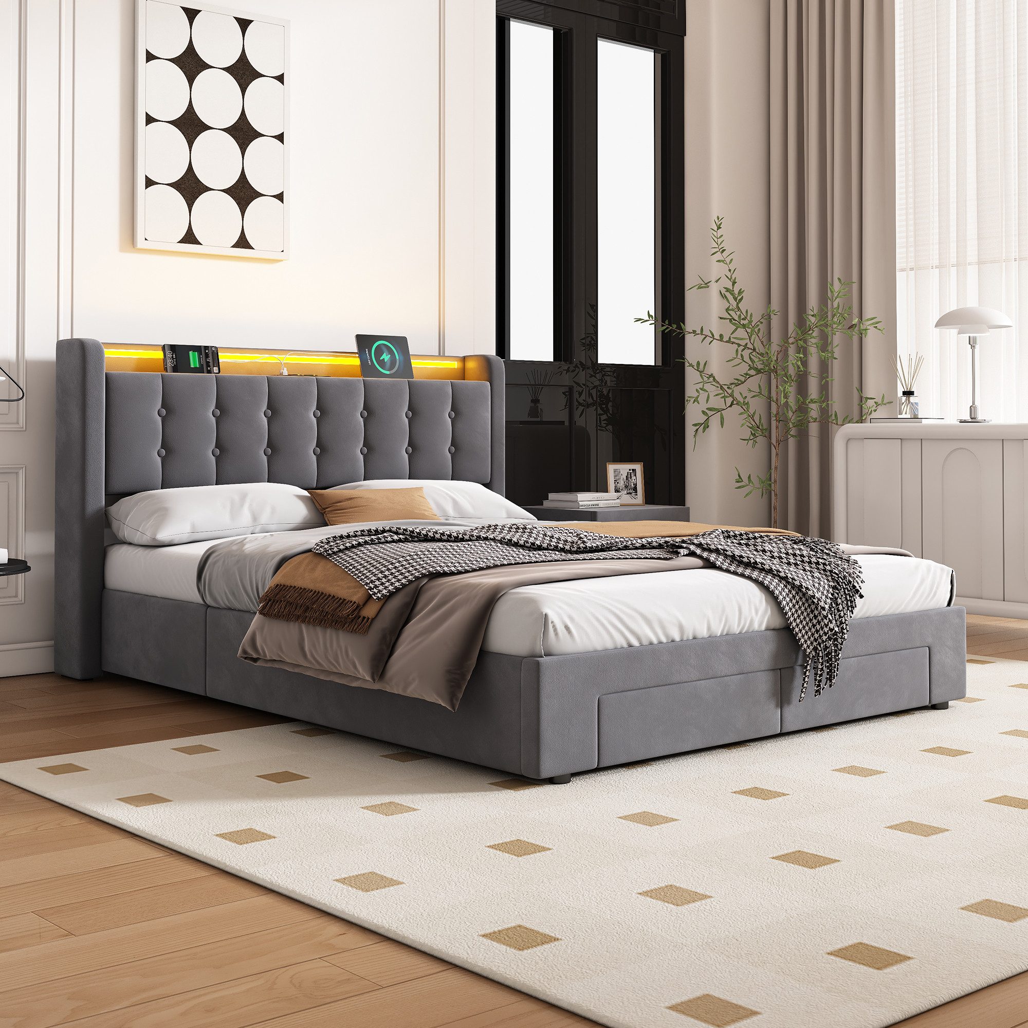 MODFU Polsterbett Funktionsbett mit maximalem Stauraum & LED, Samtbezug (Funktionsbett, 2-tlg., 140x200 cm, Schubladen, Bettkasten, USB-Anschlüsse), Mit praktischem Regal-Kopfteil für mehr Ordnung(mit Matratze)