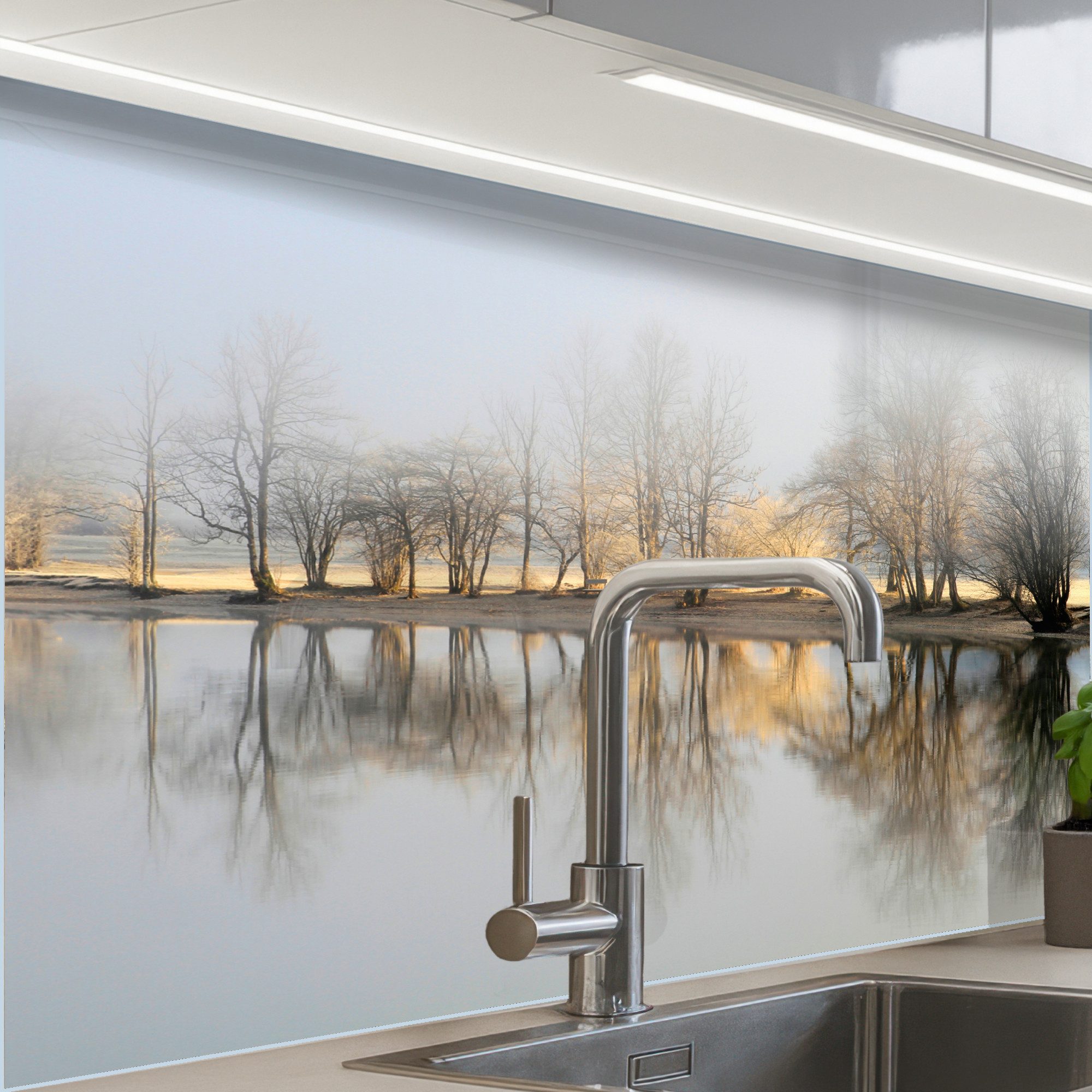 KitchenYeah Küchenrückwand selbstklebend Wasser - Bäume - Natur - Landschaf günstig online kaufen