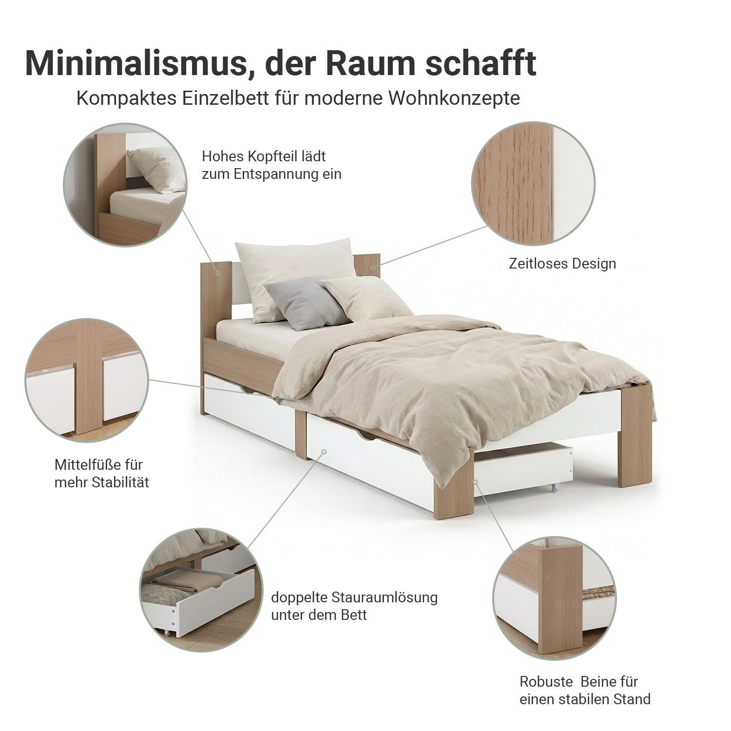 Homestyle4u Massivholzbett 90x200 mit Bettkasten Lattenrost Eiche Weiß mit und ohne Matratze (Set, mit Lattenrost, 2 Bettkästen, Stauraumbett), 90x200, mit Stauraum, foliert, schlicht