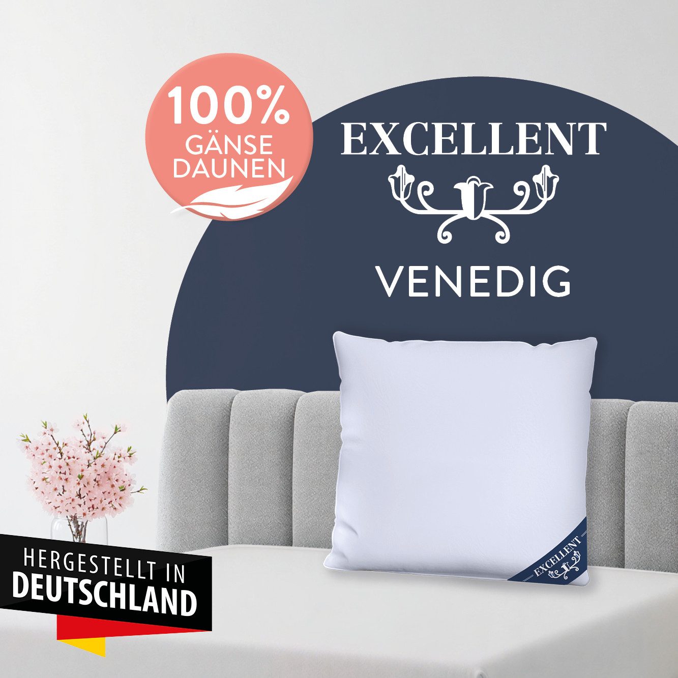 Excellent 3-Kammer-Kopfkissen Venedig, 3-Kammer-Kopfkissen Größenauswahl 40x40-80x80 cm, Füllung: weiße neue Gänsedaunen, Klasse I, 100% Daunen (Außen), weiße n – Bild 2 von 5