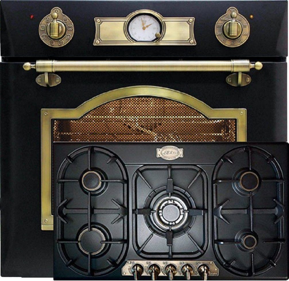 Kaiser Küchengeräte Backofen-Set EH 6355 Em+KG 9325 Em, mit 1-fach-Teleskopauszug, Retro Elektro Einbau Backofen Autark 60cm 67L 8 Funktionen in Schwarz