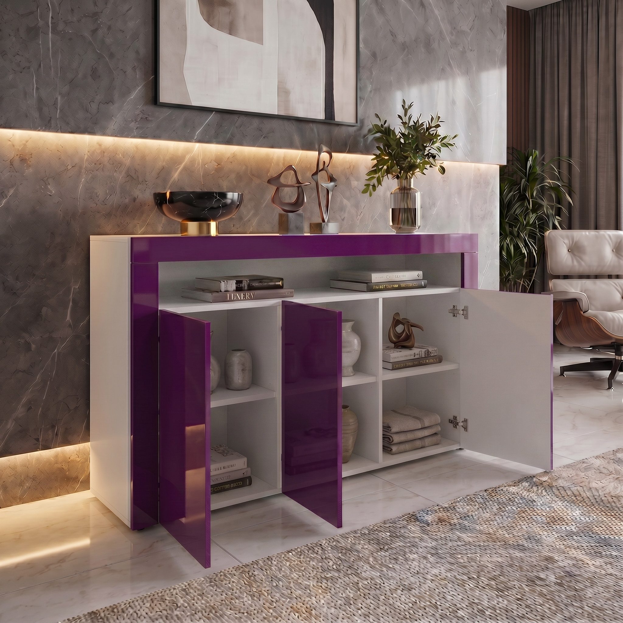 Vladon Sideboard Valencia (Sideboard, mit 3 Türen und 1 offenem Fach), Weiß matt/Brombeer Hochglanz/Brombeer Hochglanz (155 x 92 x 40 cm)