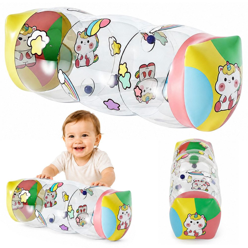 LEAN TOYS Krabbelrolle Babyrolle Krabbelhilfe Spielrolle, (Spar-Set, 1-tlg., 48 x 20 cm leicht), Rasselbälle, transparent, Einhorn-Motiv