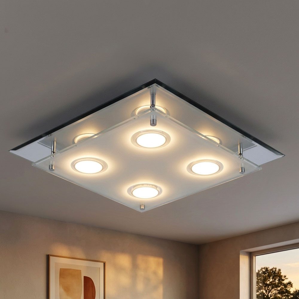 etc-shop LED Deckenleuchte, LED-Leuchtmittel fest verbaut, Warmweiß, LED Deckenleuchte Deckenlampe Glas Chrom satiniert warmweiß L34 cm