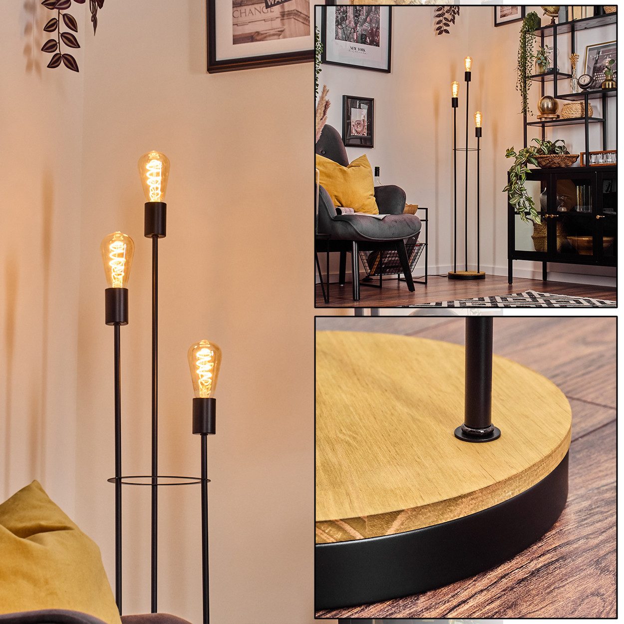 Stehlampe Stehlampe aus Metall/Holz in Schwarz/Holz hell mit Fußschalter