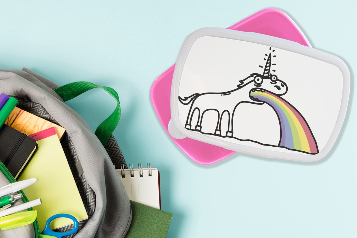 rosa Mädchen, Brotdose Kunststoff, Einhorns, für eines Brotbox ausspuckt Illustration Snackbox, Erwachsene, Kinder, MuchoWow Lunchbox einen -, Kunststoff (2-tlg), Regenbogen das Eine