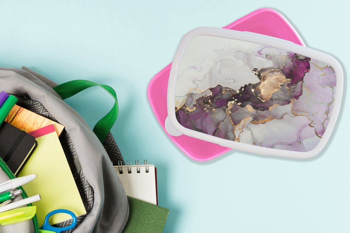 für Lunchbox - - Abstrakt Kunststoff, (2-tlg), Kunststoff Marmor Gold - rosa Erwachsene, Mädchen, MuchoWow Brotdose Kinder, Lila, Brotbox Snackbox,