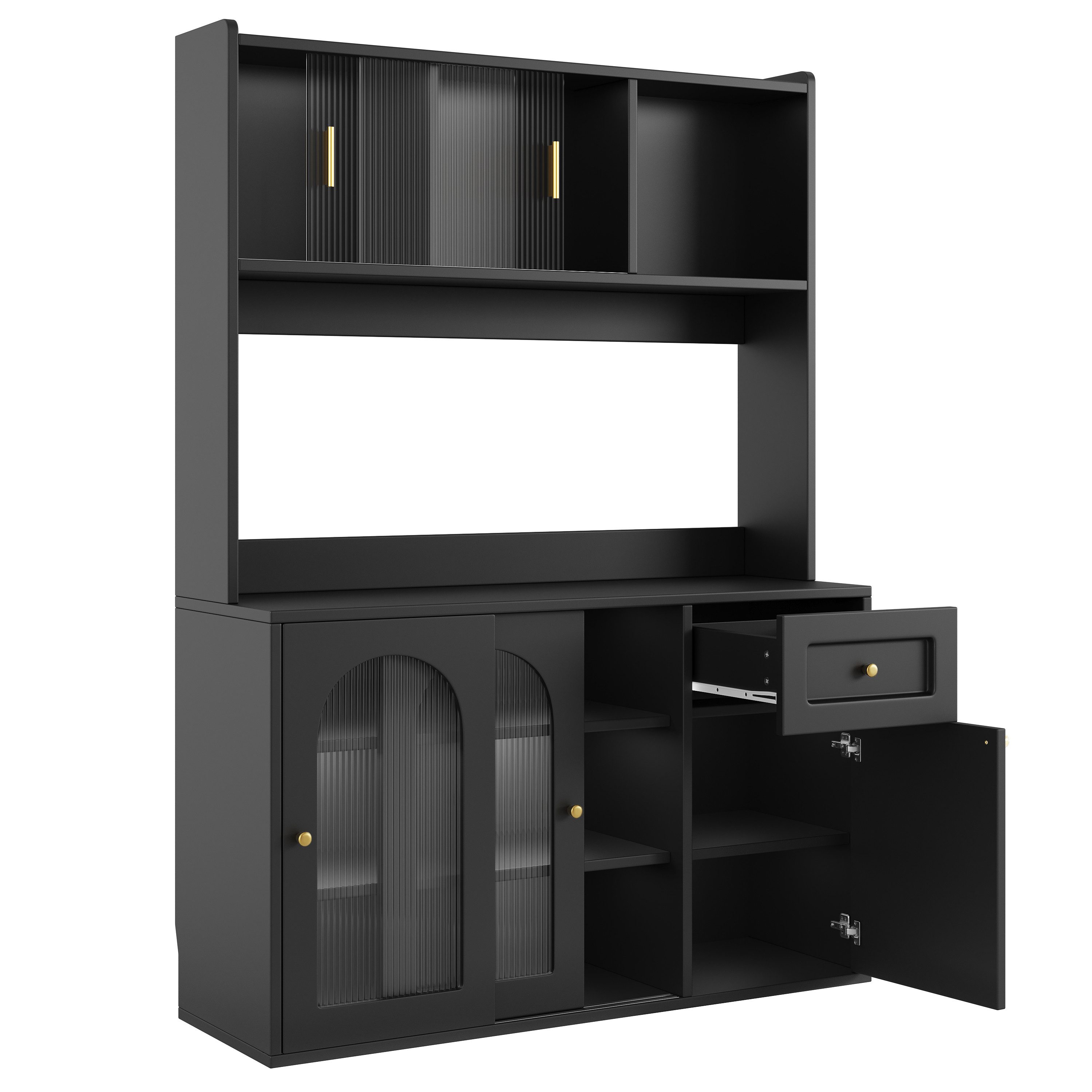 Flieks Küchenbuffet mit LED-Beleuchtung, Glas-Schiebetüren und Schubladen (1-St., B120/T35/H167 cm) Hochschrank Küchenschrank Geschirrschrank mit verstellbare Ablagen
