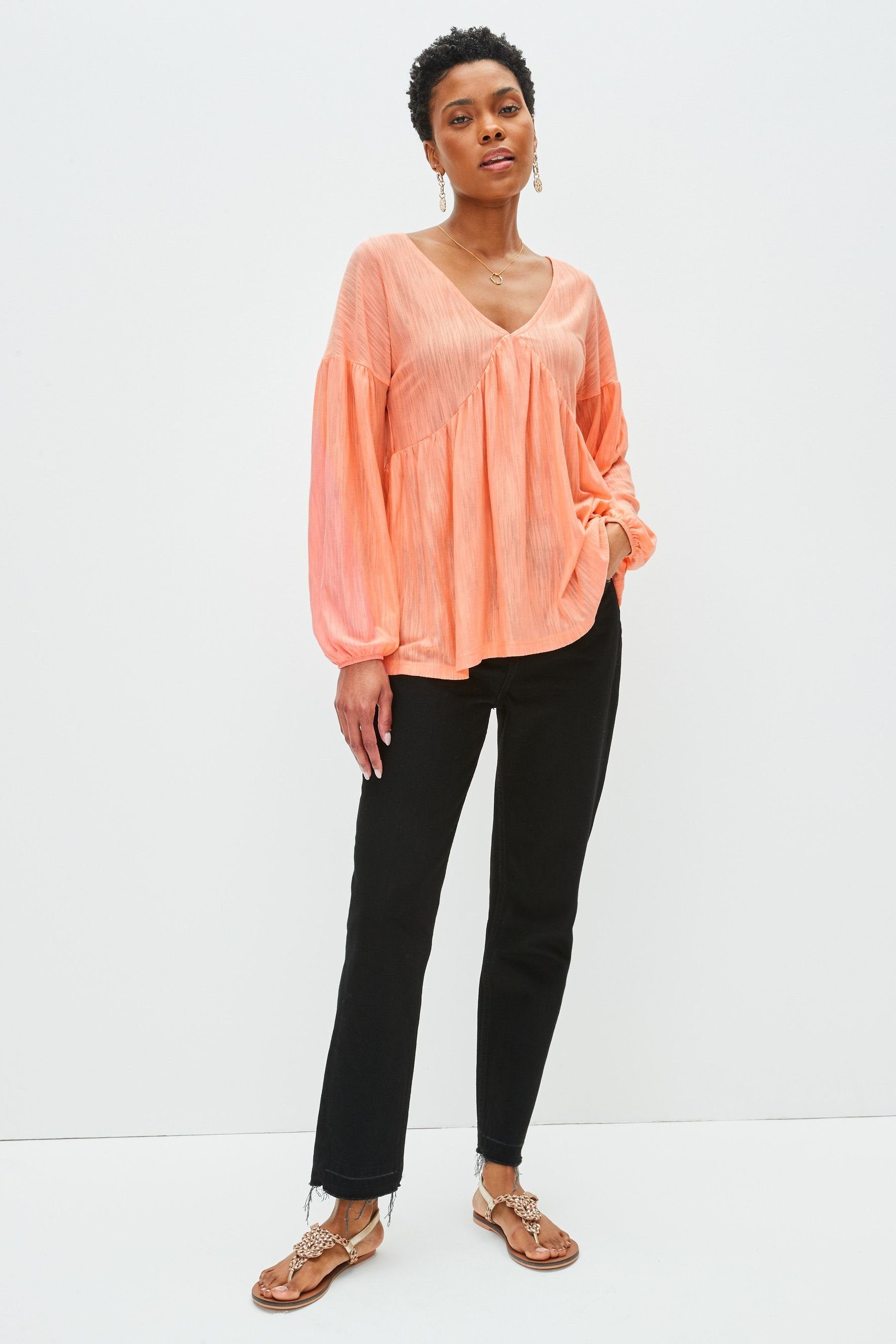 (1-tlg) Blusenshirt Next Coral Pink Langärmelige Stripe mit Bluse V-Ausschnitt