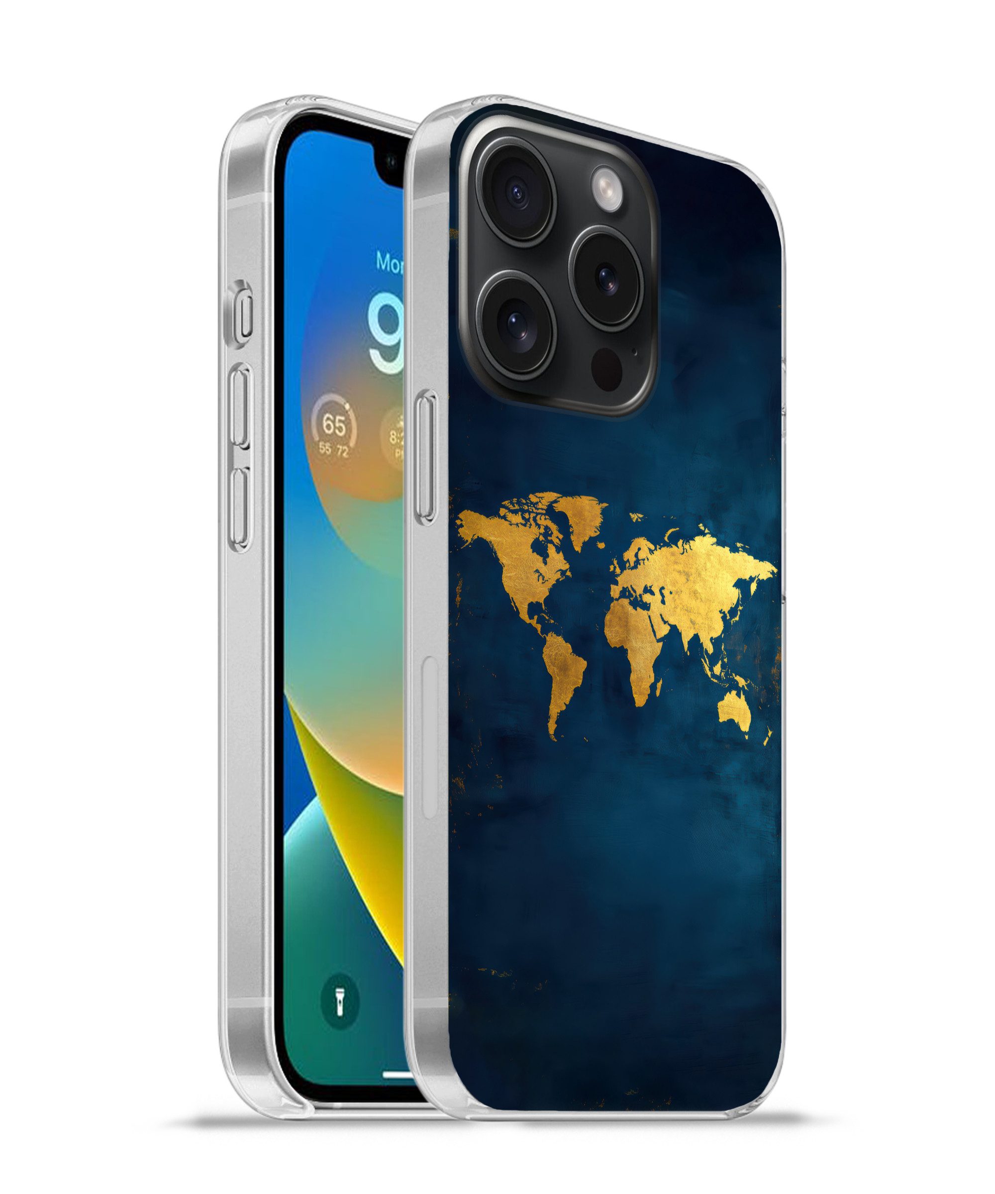 MuchoWow Handyhülle für Apple iPhone 15 Pro Weltkarte - Gold - Dunkelblau, Smartphone-Bumper, Print, Handy Schutzhülle Dünn