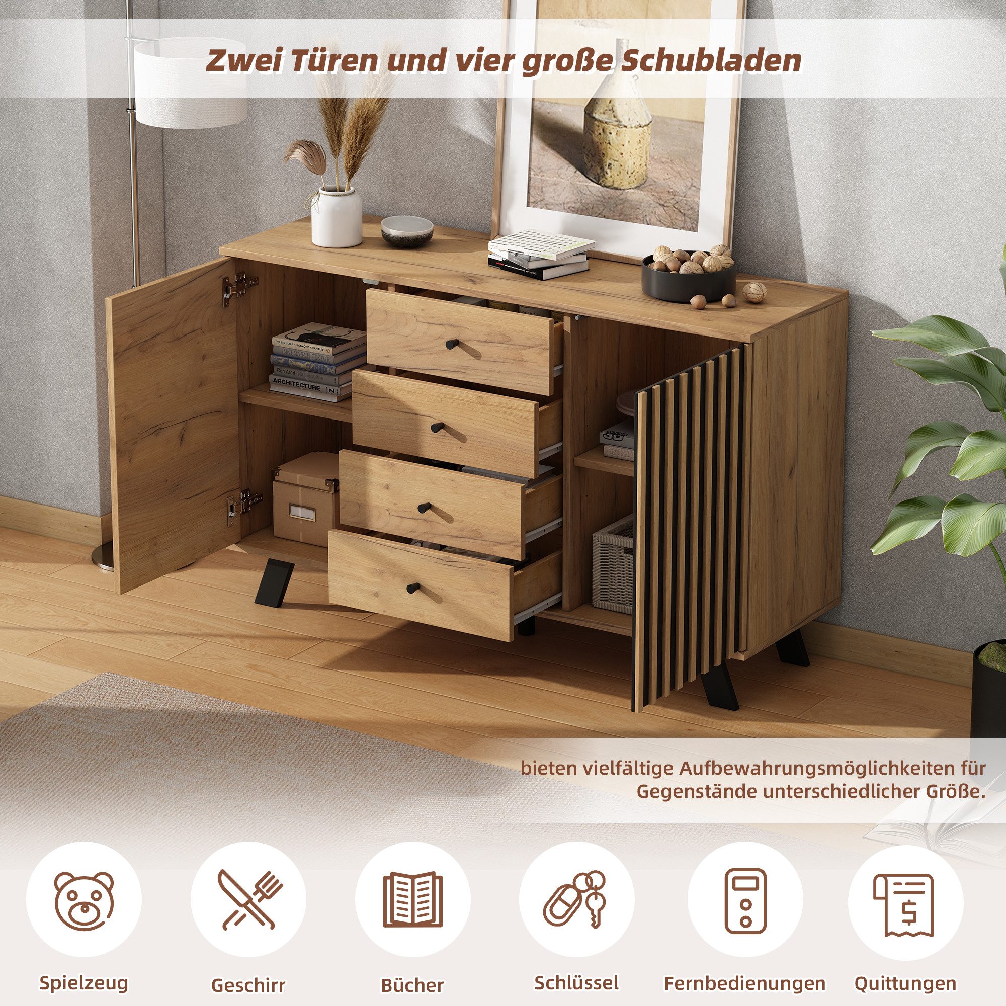 Merax Sideboard Sideboard mit Massivholzbeinen und Holzoptik (Buffetschrank, 1 St., 120*38*75 cm), Kommode mit 4 Schubladen & 2 Schränken, Anrichte mit hohlem D – Bild 5 von 5