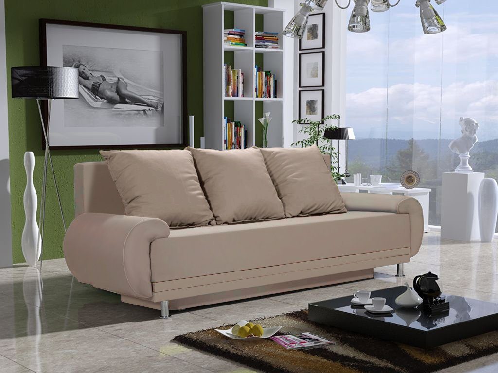 Fun Möbel Schlafsofa Sofa Designersofa MIKA 3-Sitzer mit Schlaffunktion, inkl. 3 Rückenkissen, mit Bettkasten Beige