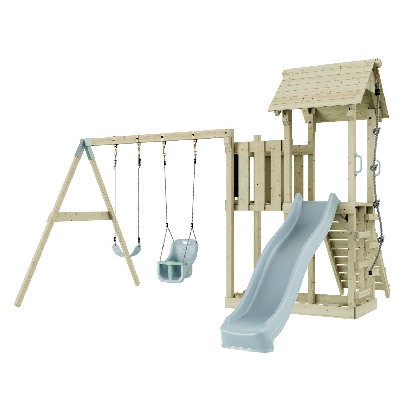 OutdoorToys Spielturm Uppsala aus Holz in Eisblau mit Babyschaukel & Rutsche, aus Holz in Eisblau mit Babyschaukel & Rutsche