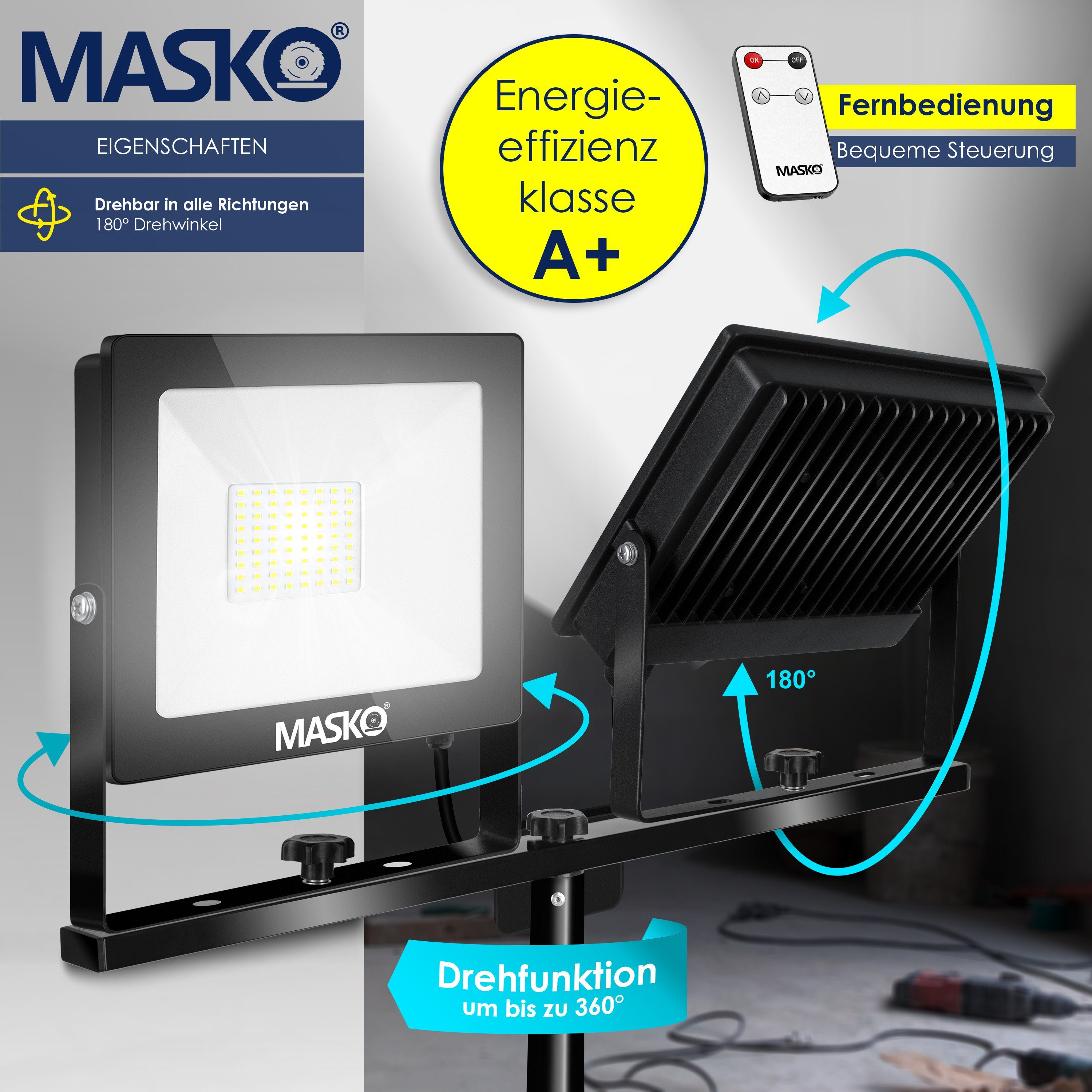 Baustrahler, 50W Doppel LED MASKO 2x LED Baustrahler LED fest mit Fernbedienung integriert, schwarz Stativ 100W