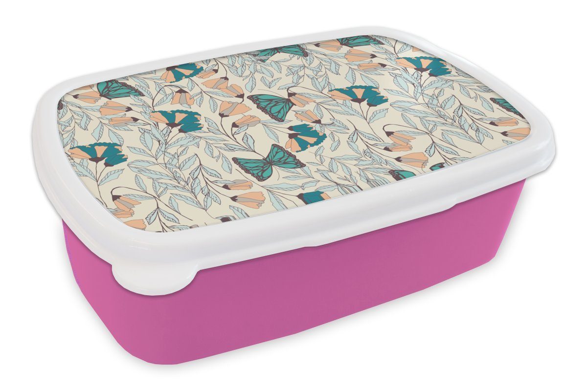 MuchoWow Lunchbox Mädchen - Schmetterling - Blumen - Muster - Mädchen - Kinder - Kind, Kunststoff, (2-tlg), Brotbox für Erwachsene, Brotdose Kinder, Snackbox, Mädchen, Kunststoff rosa
