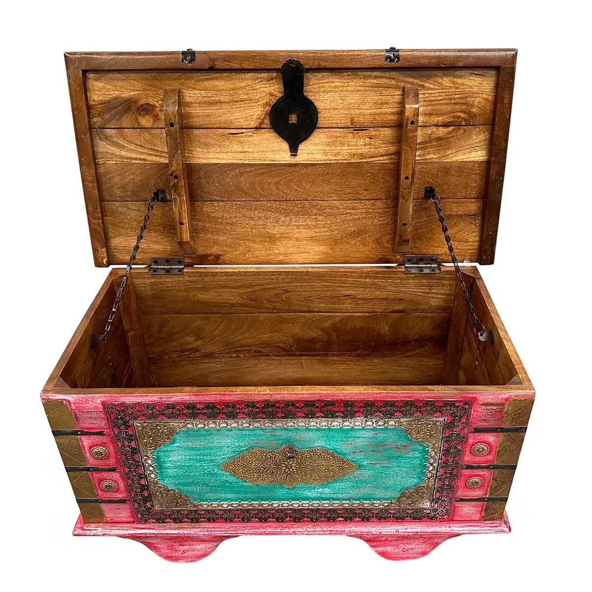 Oriental Galerie Truhe Indische Truhe Rot Braun 80cm, Beistelltisch, Holztruhe, Antik, Wäschetruhe, Möbeltruhe, Holzkiste