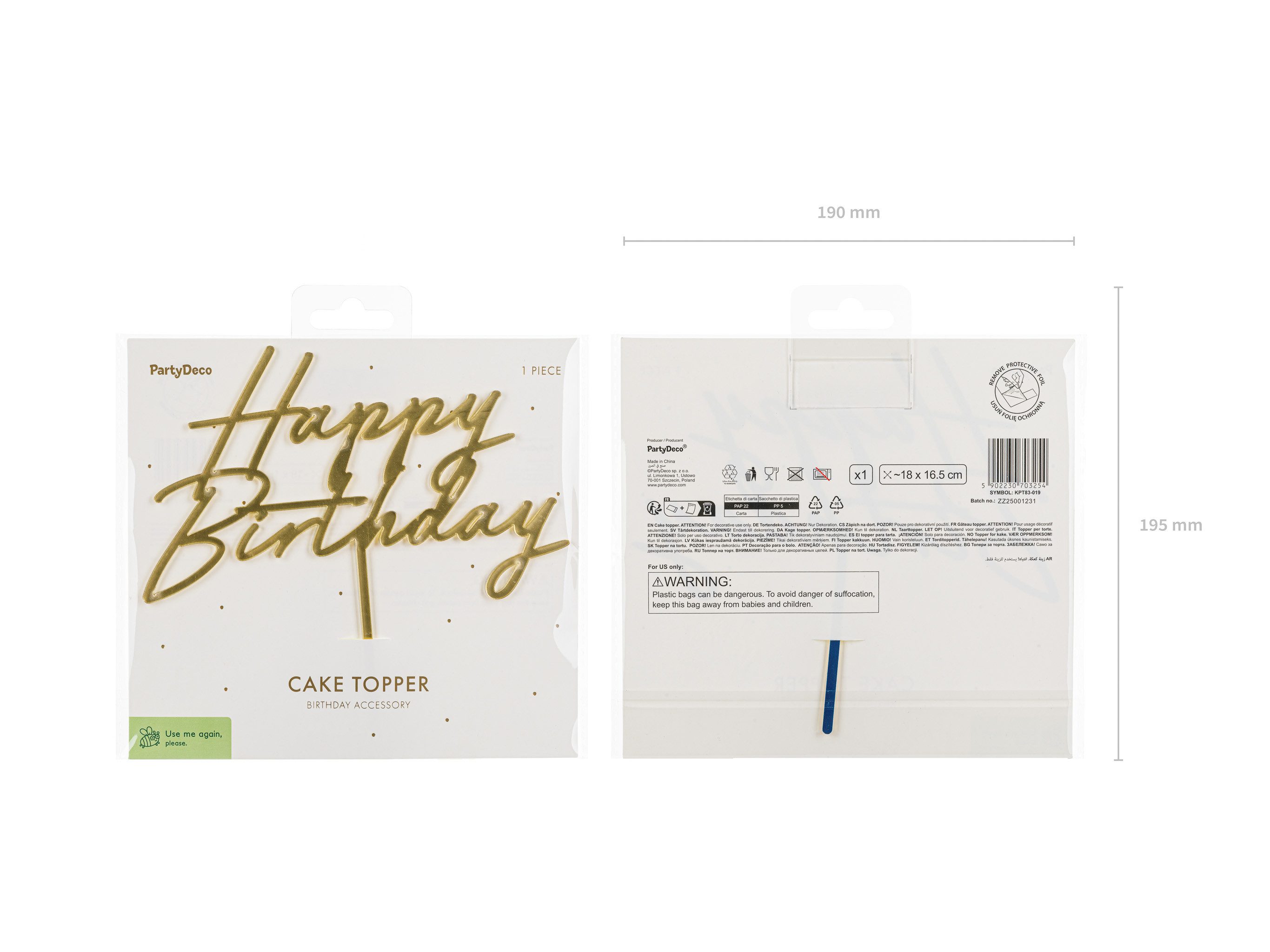 partydeco Tortenstecker, Cake Topper Happy Birthday 18x16,5cm Gold