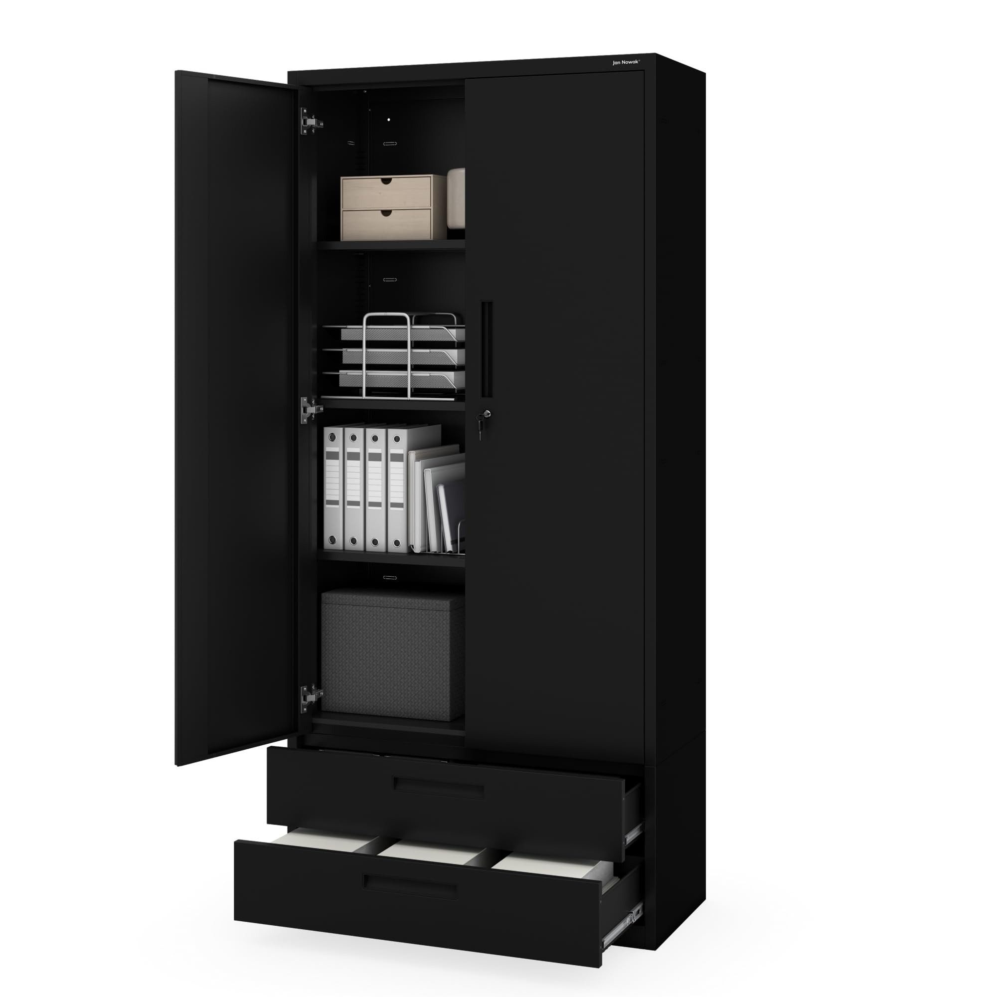 Jan Nowak Mehrzweckschrank Metall Büroschrank 90 cm MEGAN 195 cm Doppelschublade Stahl (Stahl 0,6 mm 195 x 90 x 40 cm Wandmontage möglich PZH) Aktenschrank abschließbar Schloss 2 Schlüssel robust 4 Farben