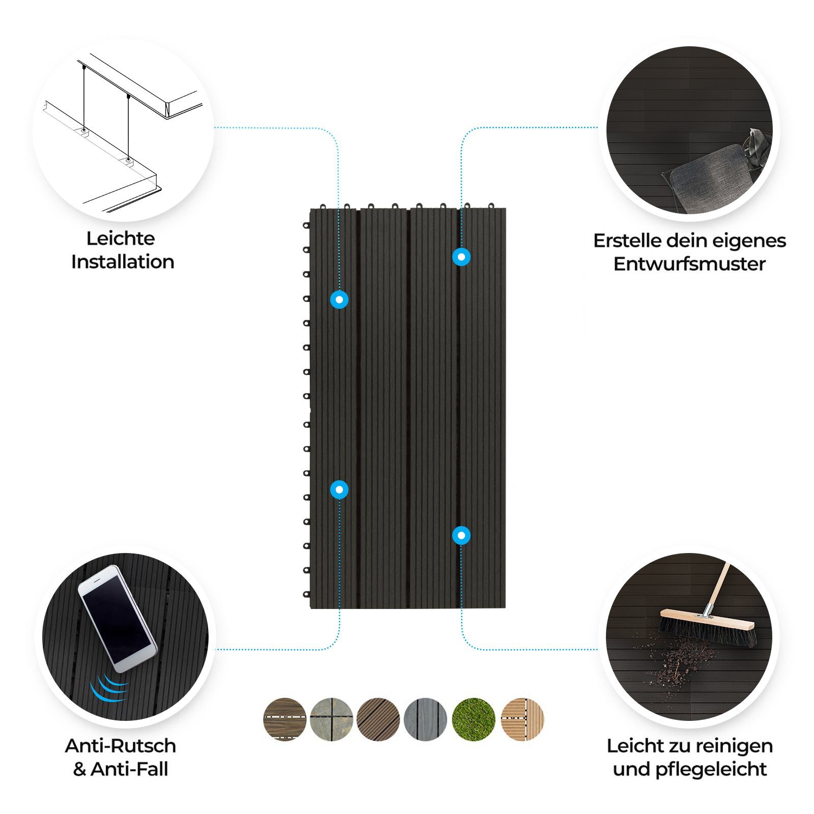 casa pura Klickfliesen WPC-Terrassendielen Royal Anthrazit, 60x30 cm, Holzdielenoptik, Diele, 1 St.