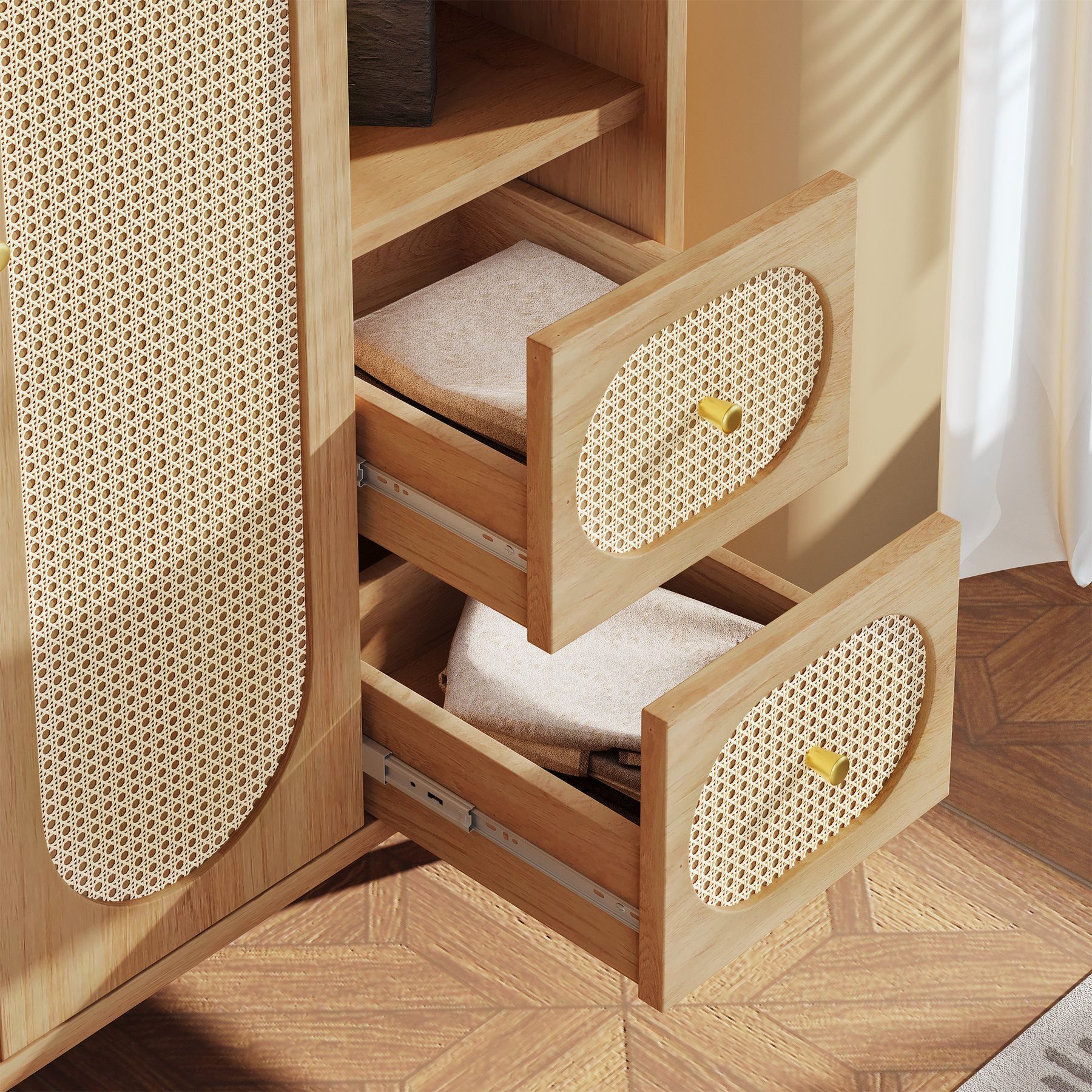Odikalo Kleiderschrank Kleiderständer mit Regal Stauraum und Schubladen (Landhausstil Eiche 161x120x44 Holz 2 Türen 2 Schubladen offene Regale mit Kleiderstange ideal für Schlafzimmer und Flur einfache Montage zeitloser Design)
