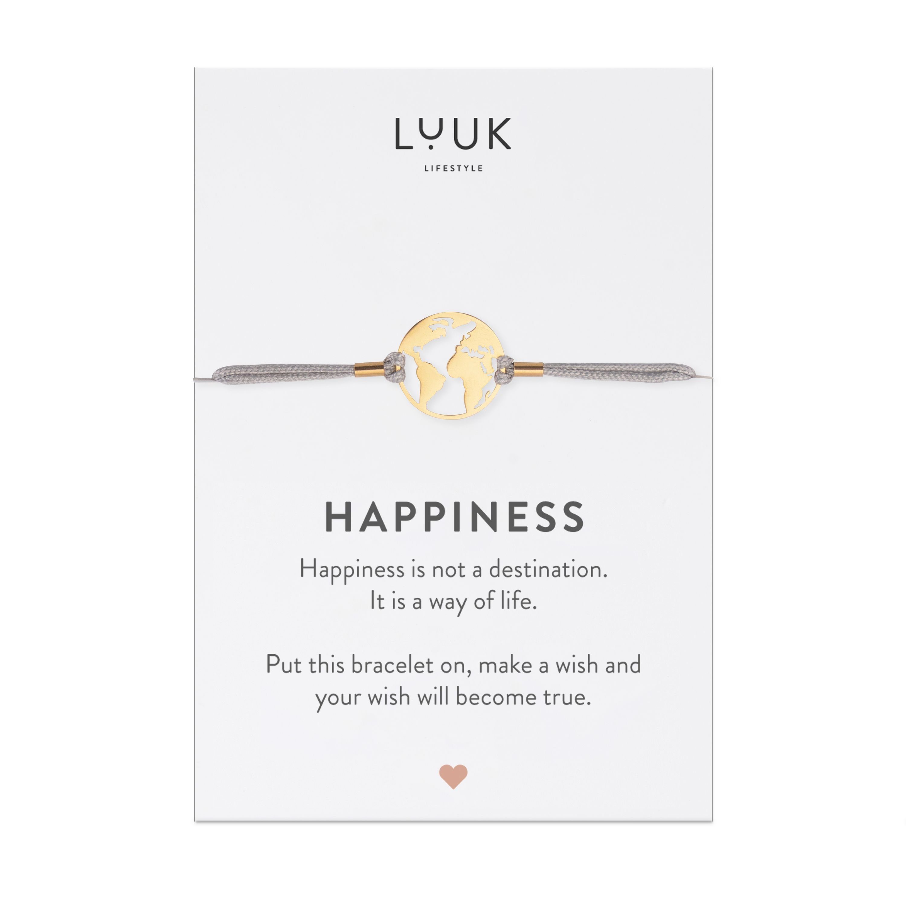 LUUK LIFESTYLE Freundschaftsarmband Weltkugel, handmade, mit Happiness Spruchkarte Gold