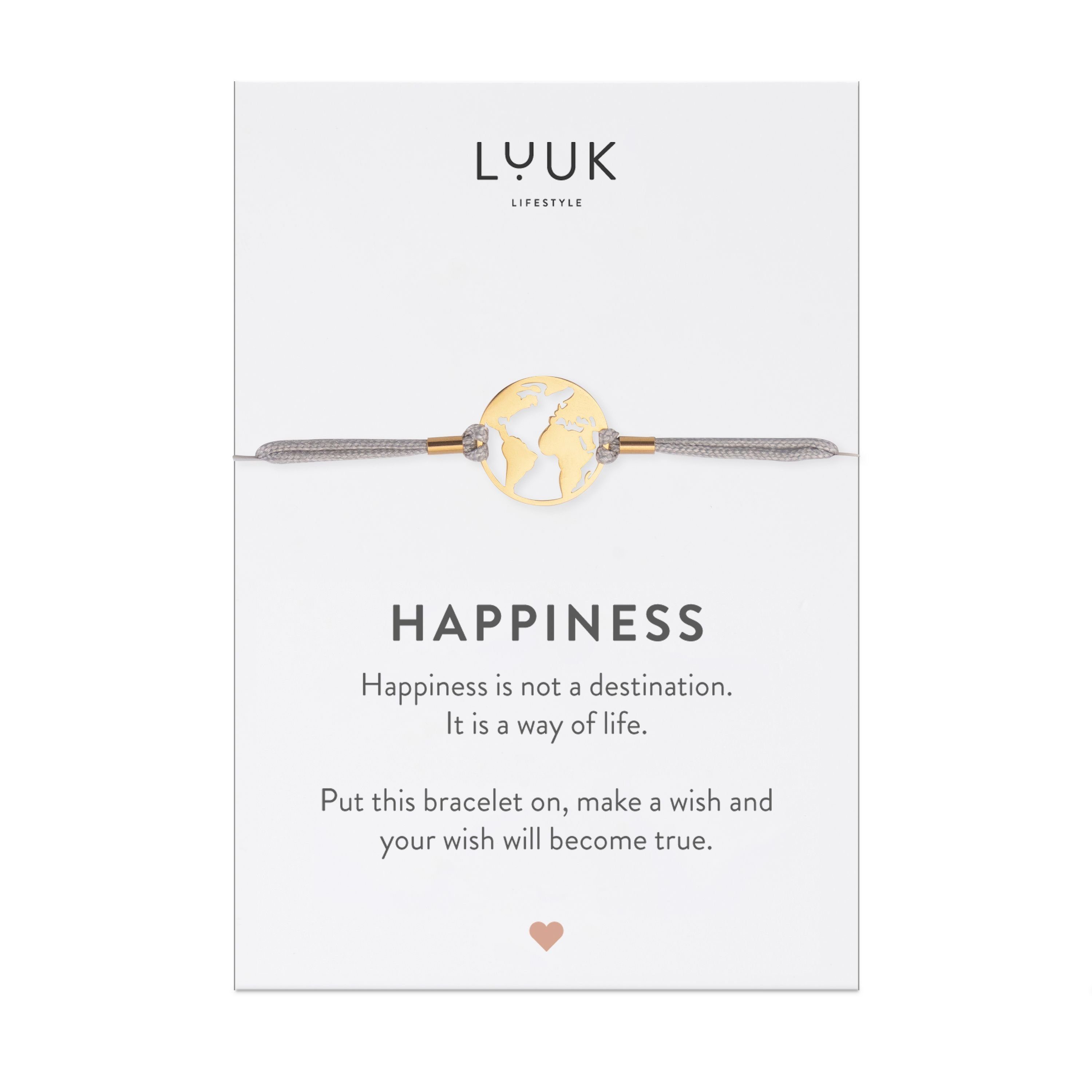 Spruchkarte LIFESTYLE Freundschaftsarmband Weltkugel, LUUK mit Gold Happiness handmade,