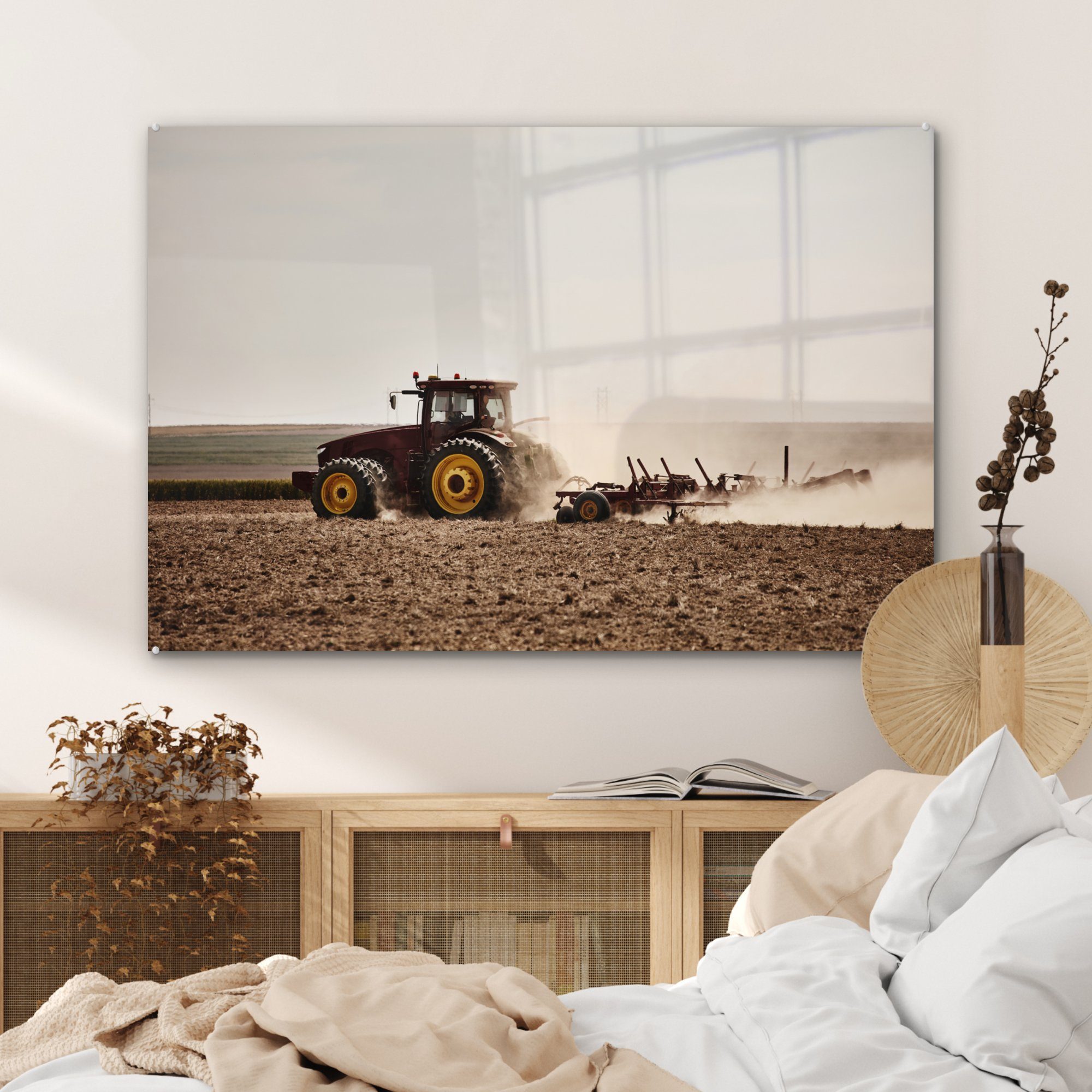 & Acrylglasbilder Schlafzimmer Traktor MuchoWow - - St), Boden, Rot (1 Wohnzimmer Acrylglasbild