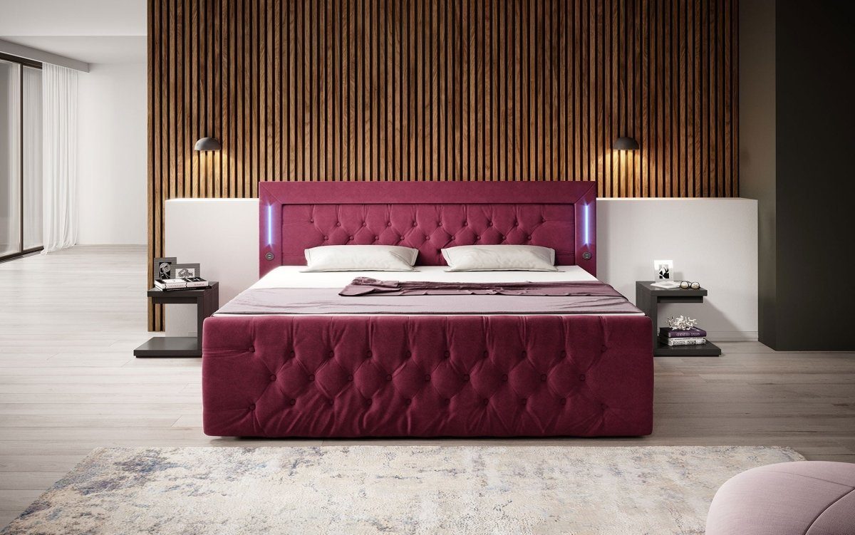 Luxusbetten24 Boxspringbett Charme, mit LED-Beleuchtung, USB-Anschluss und Stauraum