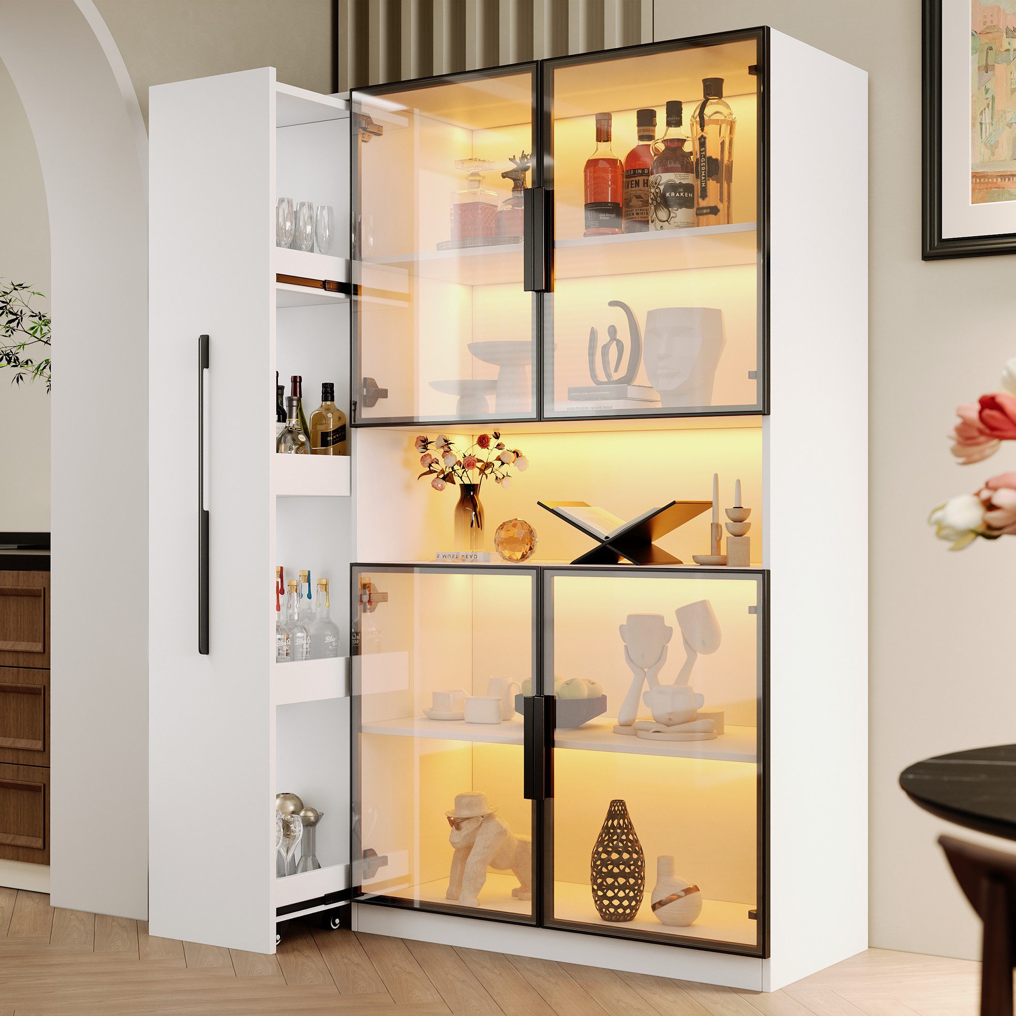Flieks Glasvitrine mit LED-Beleuchtung, Glastüren und ausziehbaren Regalen (1-St., 110x35x160 cm) multifunktional Standvitrine Eckschrank Hochschrank Sammlervitrine