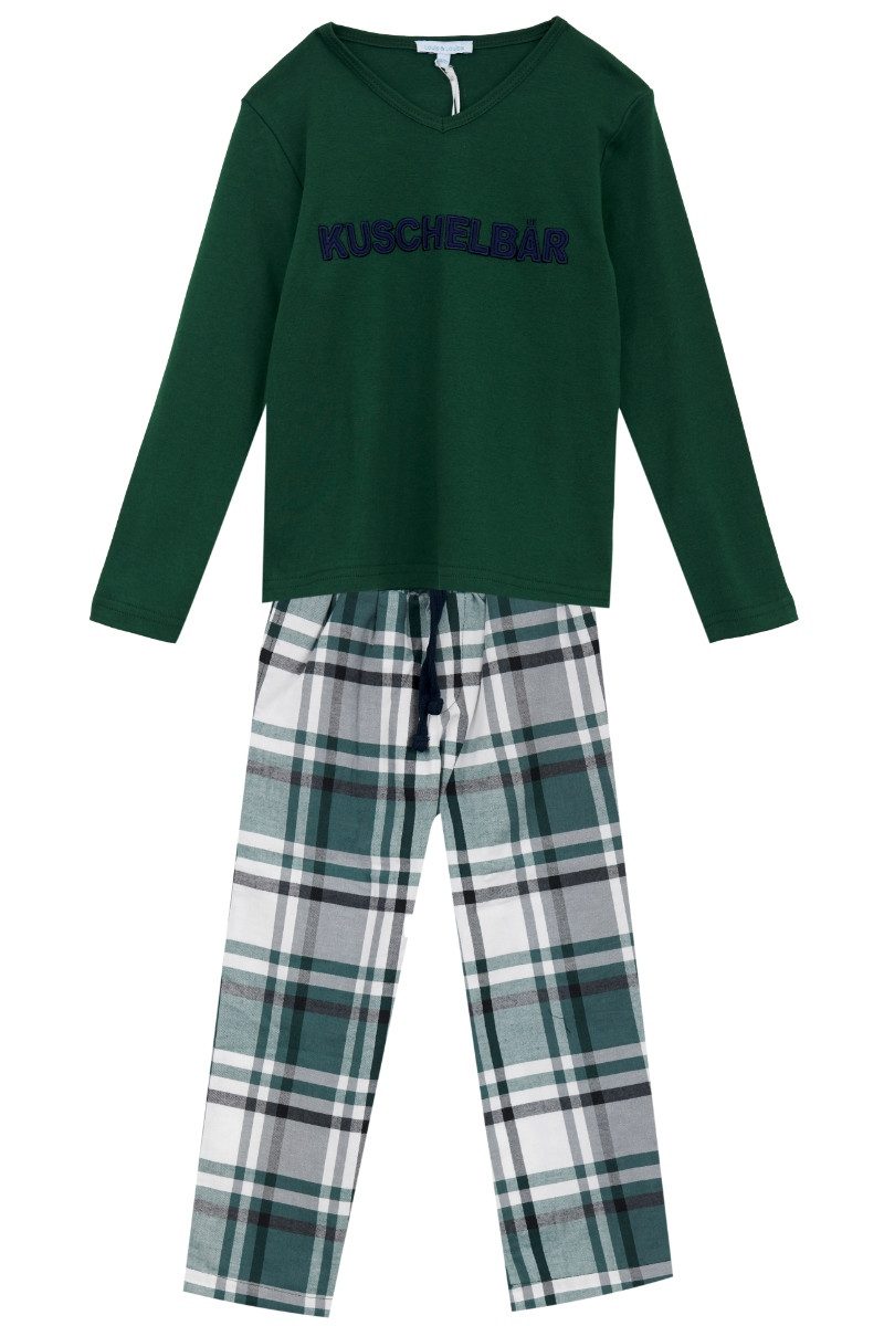 Louis & Louisa Pyjama Schlafanzug Kinder - KUSCHELBÄR - tanne/weiß