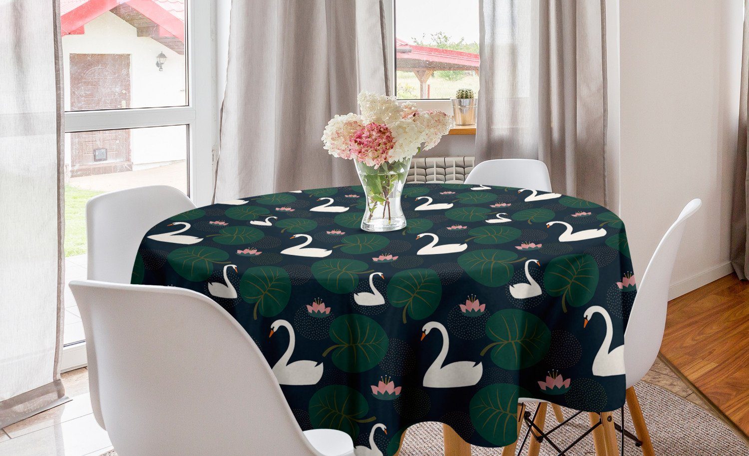 Abakuhaus Tischdecke Kreis Tischdecke Abdeckung für Esszimmer Küche Dekoration, Swans Vogel-Wasser-Lilien und Blätter
