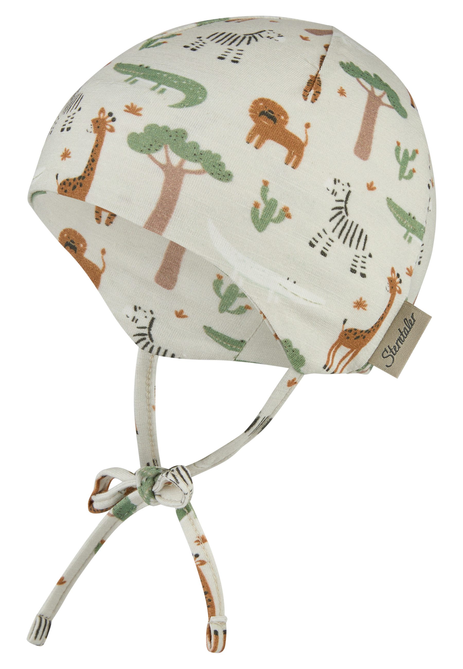 Sterntaler® Beanie Beanie Safaritiere (1-St) Beanie aus Flammgarn Jersey mit Safaritieren, Ohrenklappen & Bindeband