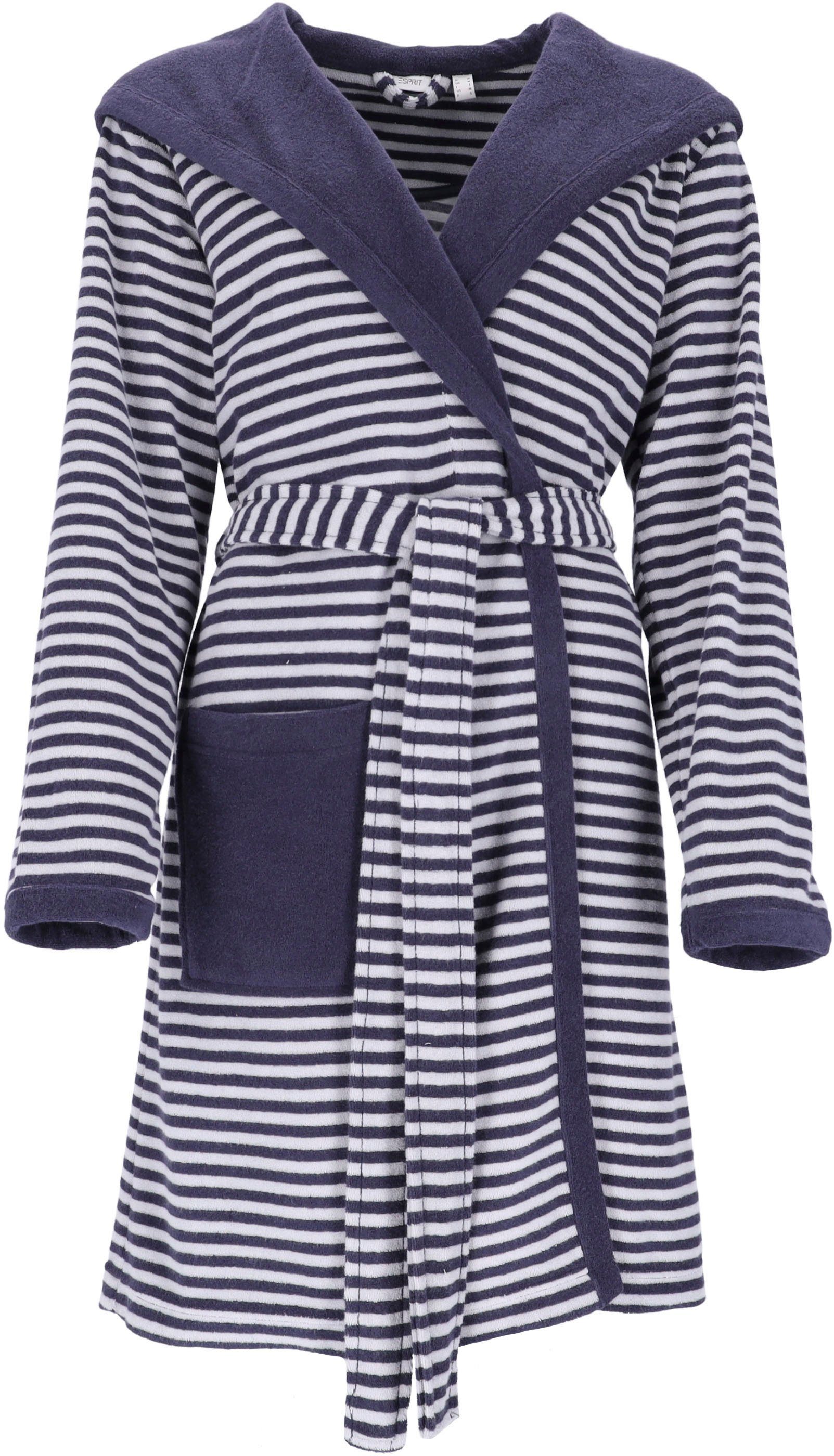 Esprit Damenbademantel Striped Hoody, Kurzform, Jersey, Kapuze, Gürtel,  gestreift, mit Kaputze & Logostickerei, kurz, Damen-Bademantel mit Kapuze  und unifarbener Tasche und Innenkapuze